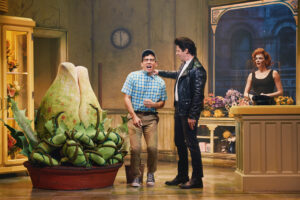 Conrad Ricamora, Christian Borle, and Tammy Blanchard in <i>Little Shop of Horrors</i>. Photo by Emilio Madrid.
