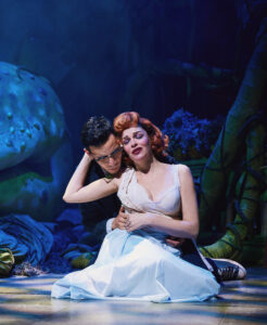 Conrad Ricamora and Tammy Blanchard in <i>Little Shop of Horrors</i>. Photo by Emilio Madrid.