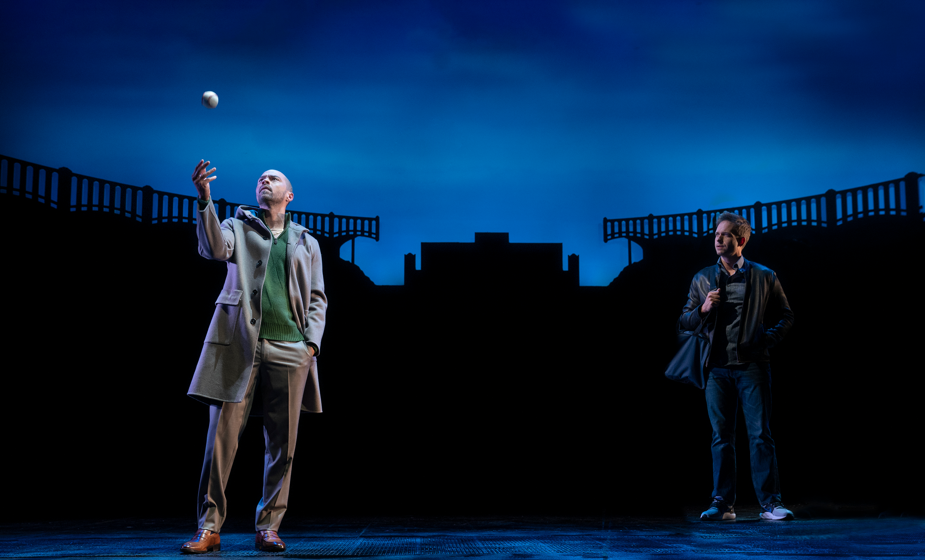 Jesse Williams and Patrick J. Adams in <em>Take Me Out</em>. Photo by Joan Marcus.