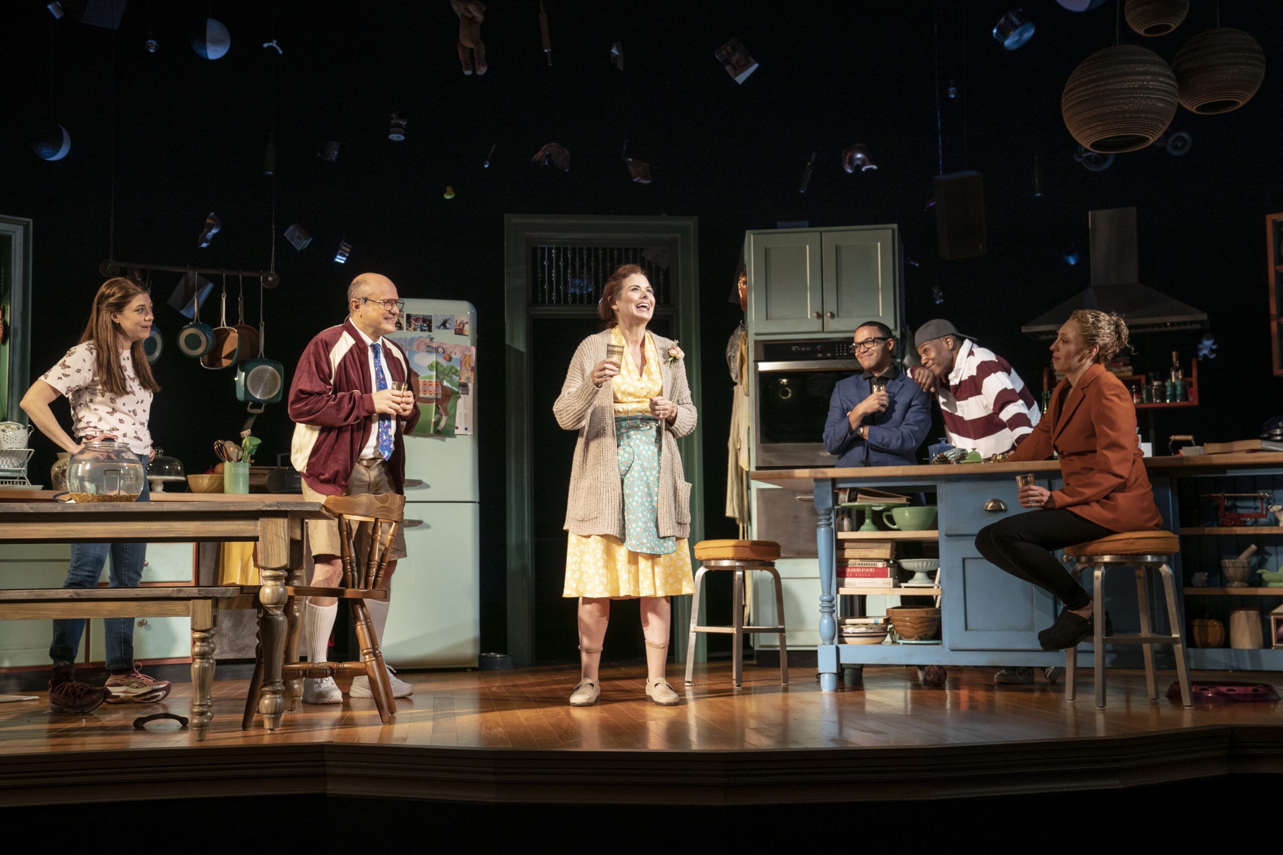 Susannah Flood, Enrico Colantoni, Debra Messing, Christopher Livingston, John Earl Jelks, Crystal Finn in Birthday Candles. Photo by Joan Marcus.