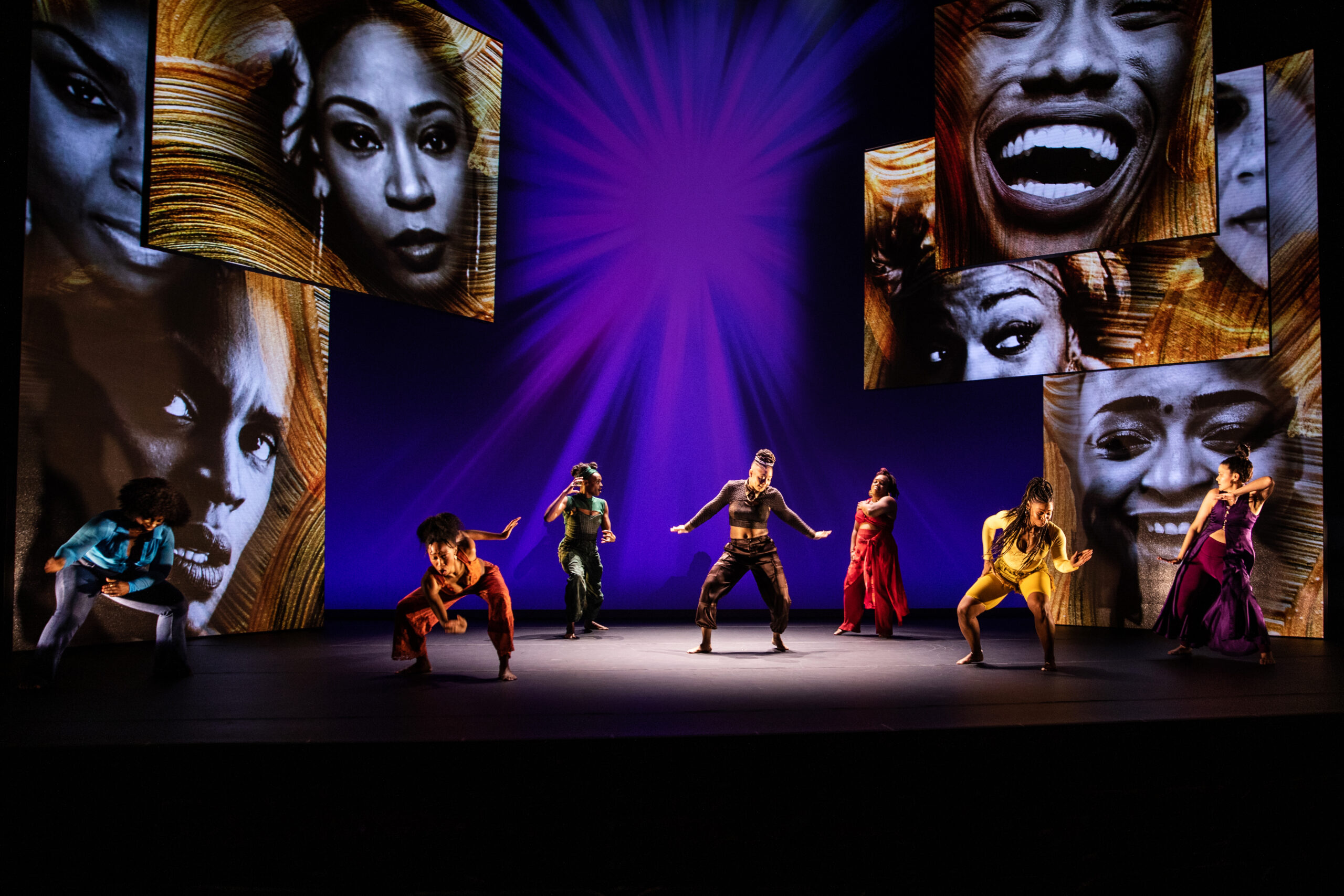 Stacey Sargeant, Amara Granderson, Okwui Okpokwasili, Tendayi Kuumba, Kenita R. Miller, D. Woods, and Alexandria Wailes in for colored girls who have considered suicide/ when the rainbow is enuf. Photo by Marc J. Franklin.