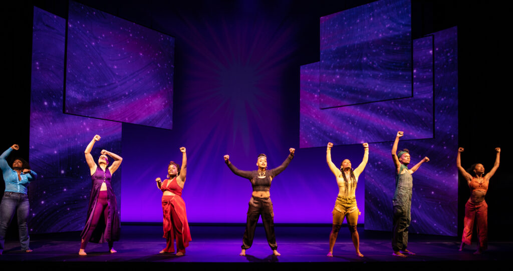 Stacey Sargeant, Alexandria Wailes, Kenita R. Miller, Tendayi Kuumba, D. Woods, Okwui Okpokwasili, and Amara Granderson in for colored girls who have considered suicide/ when the rainbow is enuf. Photo by Marc J. Franklin. 