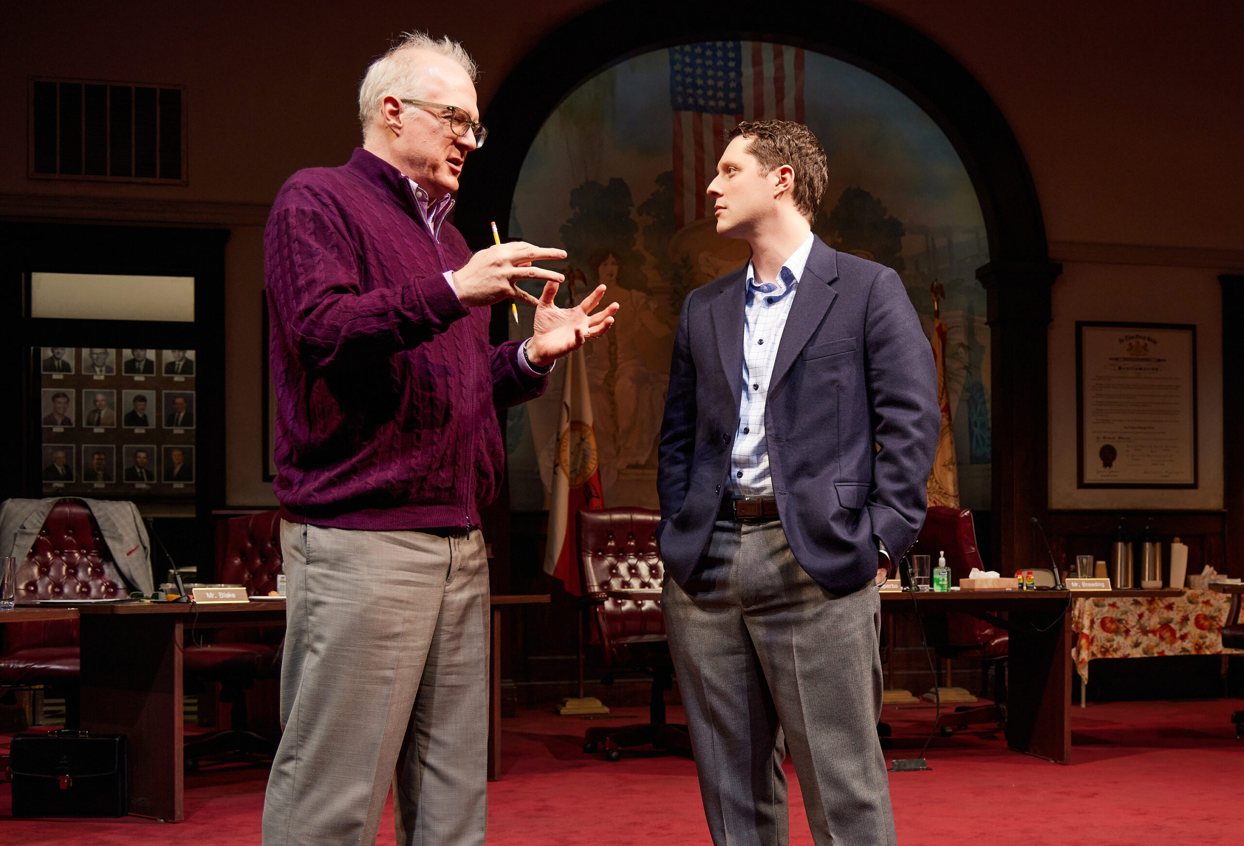 Tracy Letts and Noah Reid in The Minutes. Photo by Jeremy Daniel.