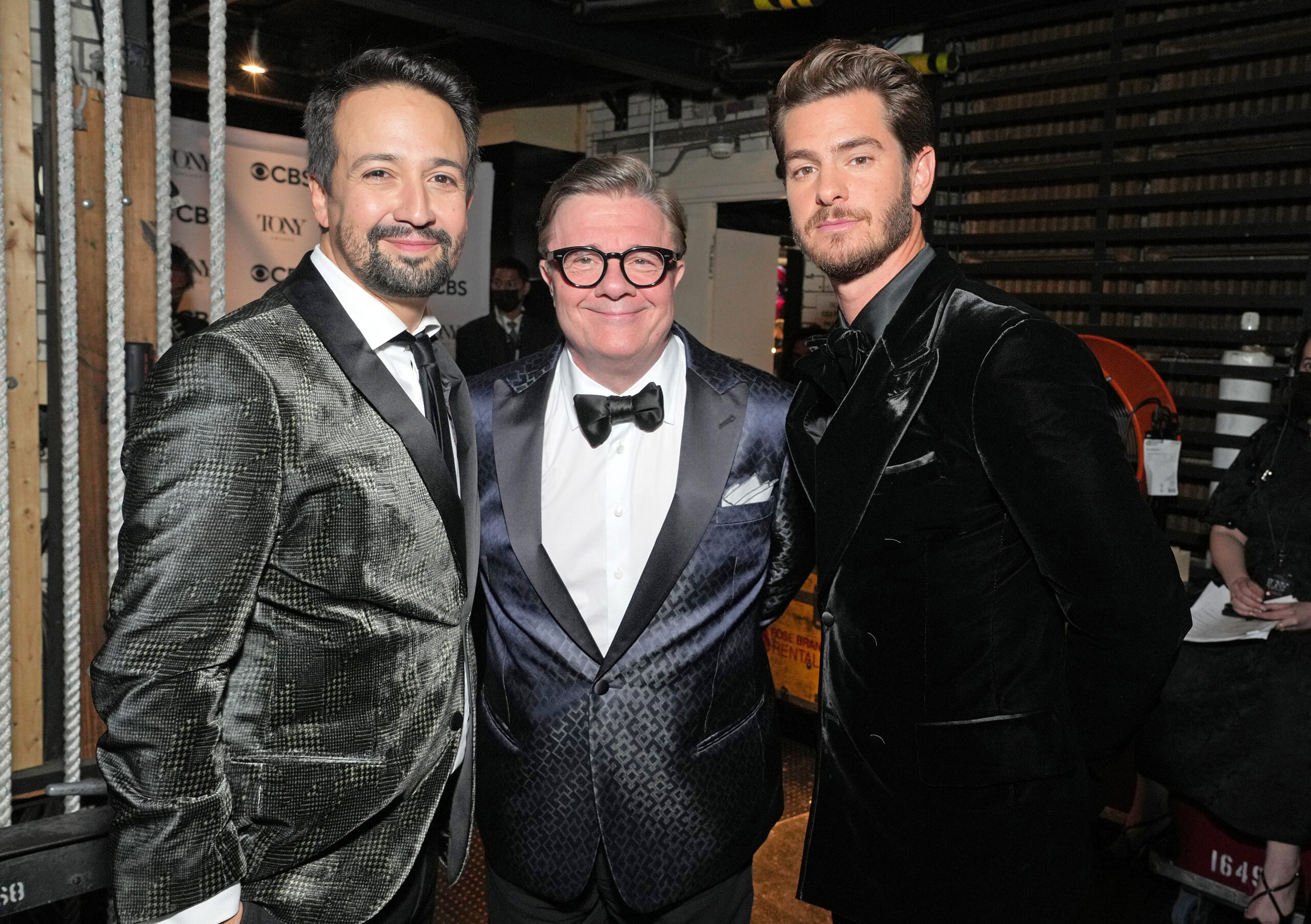 Lin-Manuel Miranda, Nathan Lane, and Andrew Garfield at the 75th Annual Tony Awards. Photo by Kevin Mazur/Getty Images for Tony Awards Productions.