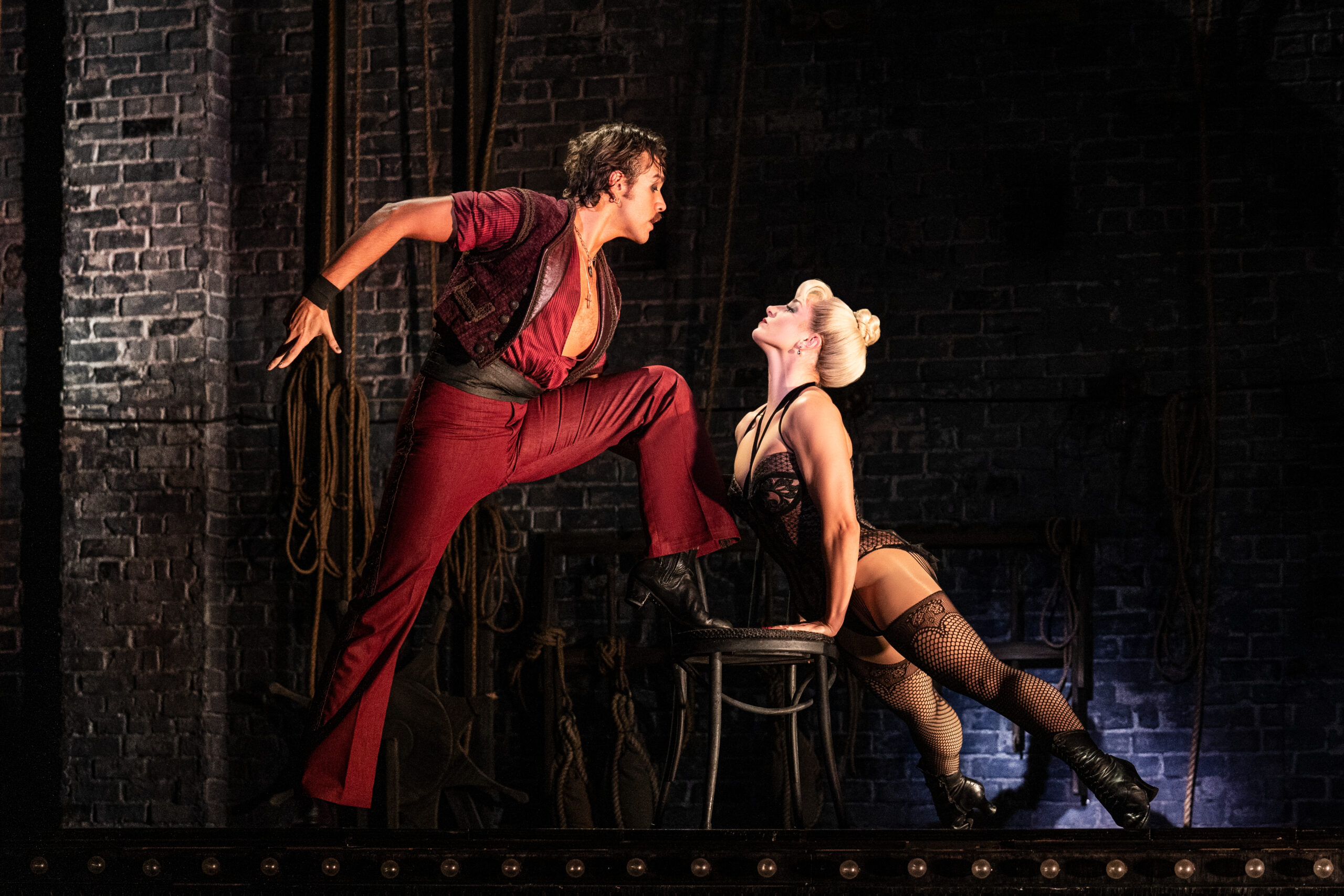 Caleb Marshall-Villarreal and Jessica Lee Goldyn in Moulin Rouge! The Musical. Photo by Matthew Murphy for MurphyMade.