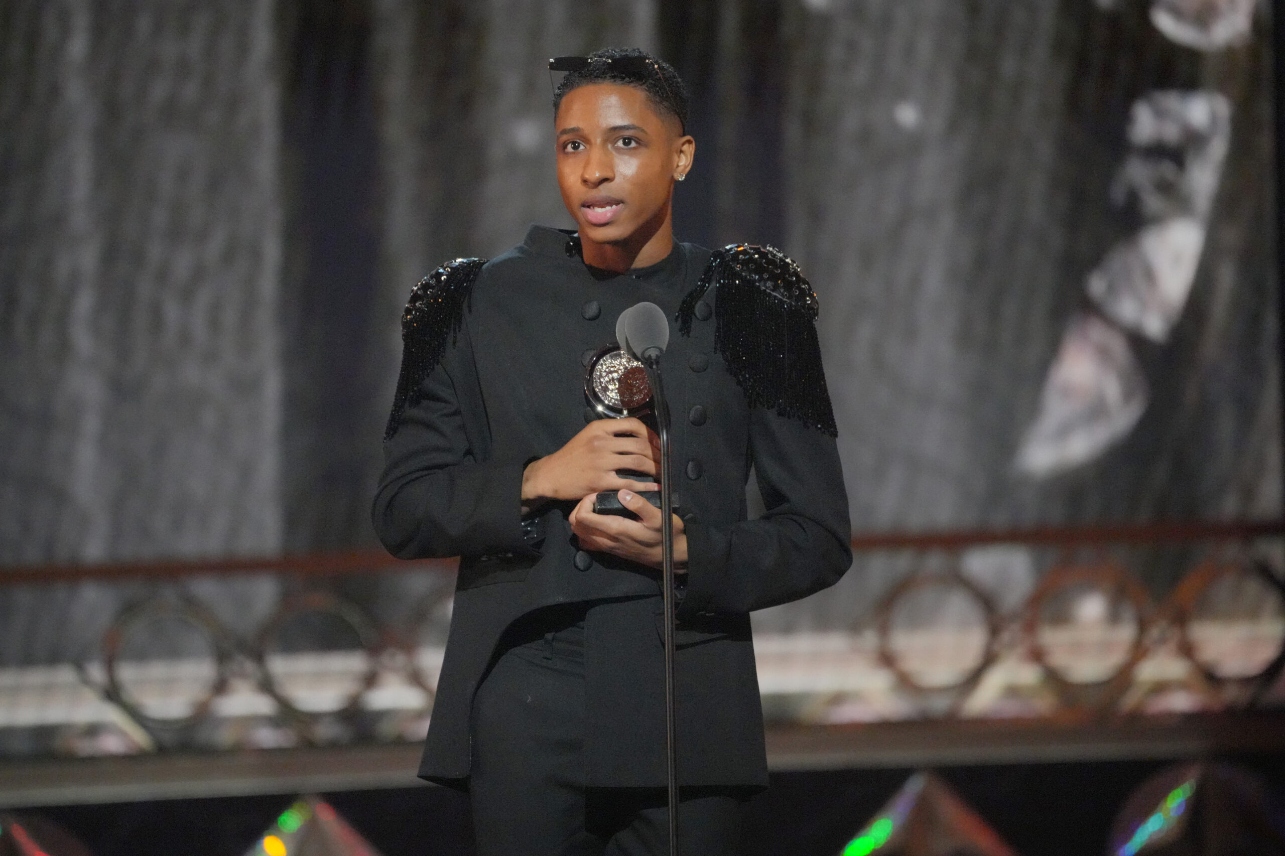 NEW YORK, NEW YORK - JUNE 12: Myles Frost accepts the award for Best Performance by an Actor in a Leading Role in a Musical for "MJ" onstage during the 75th Annual Tony Awards at Radio City Music Hall on June 12, 2022 in New York City. (Photo by Kevin Mazur/Getty Images for Tony Awards Productions)