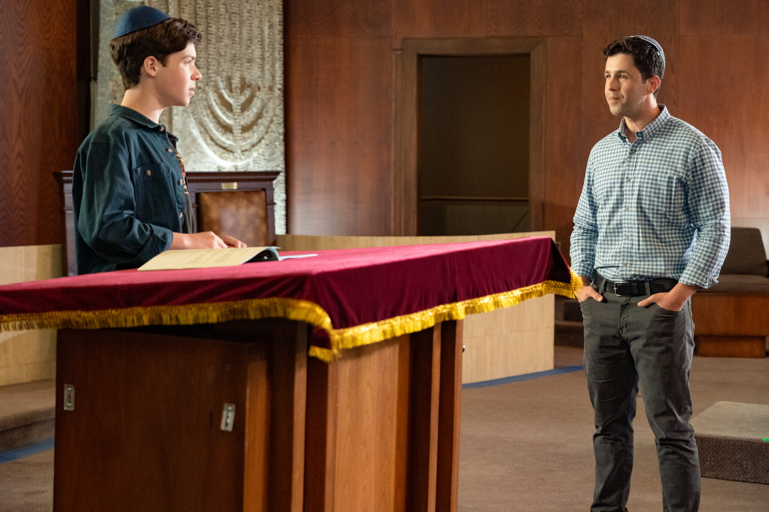 Eli Golden as Evan, Josh Peck as Rabbi in <i>13 The Musical</i>. Photo courtesy of Alan Markfield for Netflix.