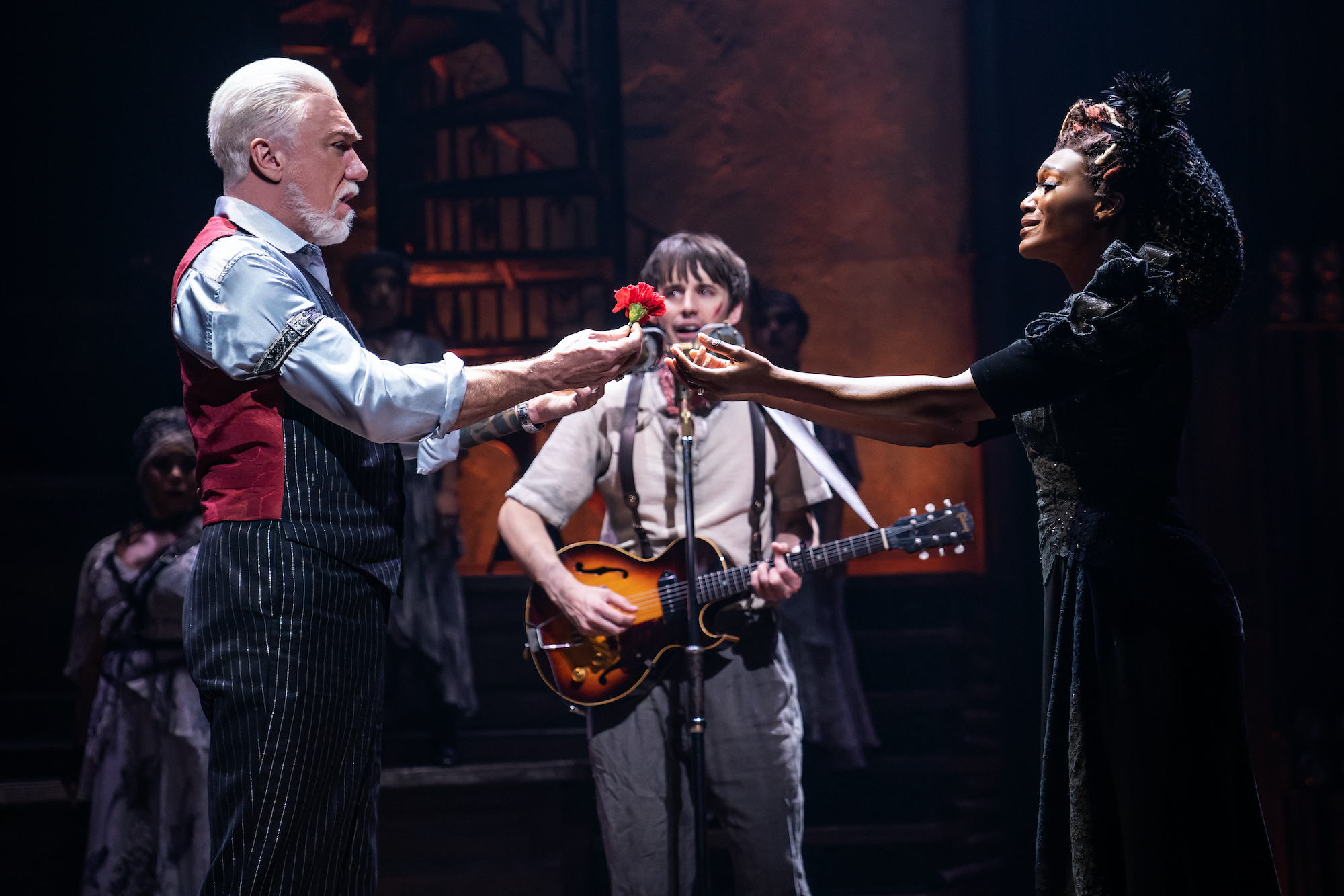 Patrick Page, Reeve Carney, and Jewelle Blackman in Hadestown. Photo by Matthew Murphy.