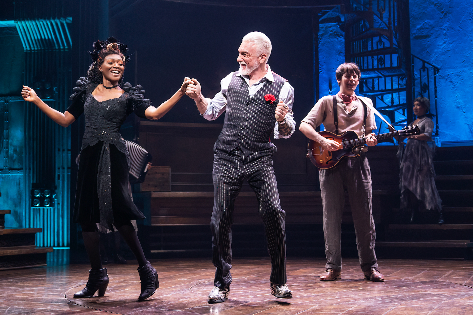 Jewelle Blackman, Patrick Page, and Reeve Carney in Hadestown. Photo by Matthew Murphy.