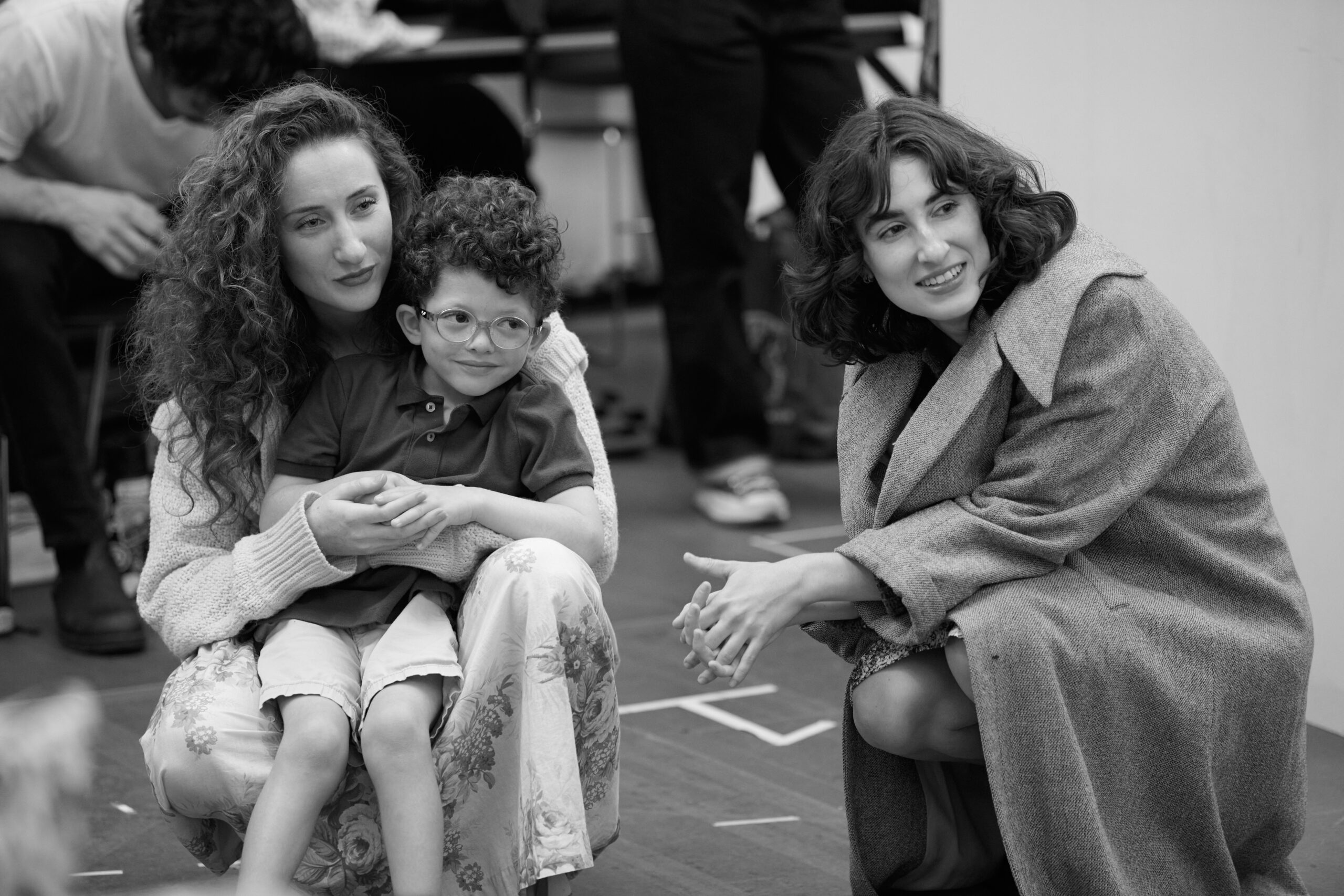 Eden Epstein, Max Ryan Burach, and Colleen Litchfield in rehearsals for Leopoldstadt. Photo by Jenny Anderson.