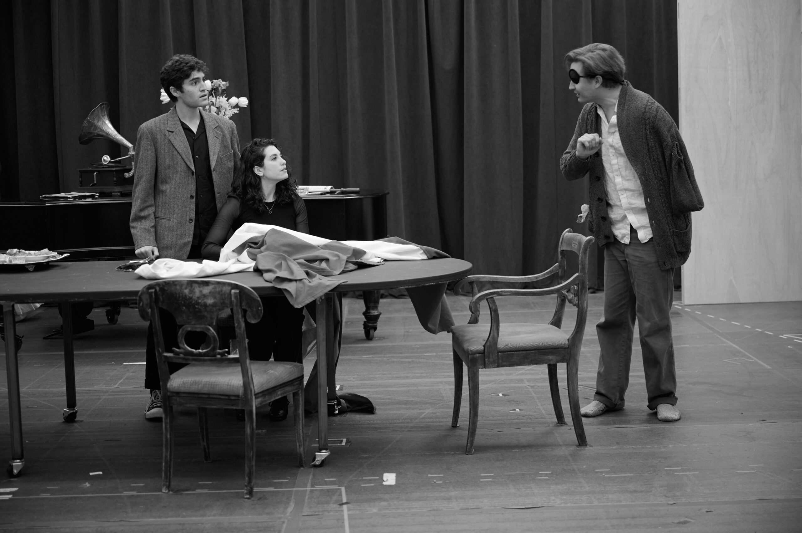Jesse Aaronson, Tedra Millan, and Seth Numrich in rehearsals for Leopoldstadt. Photo by Jenny Anderson.
