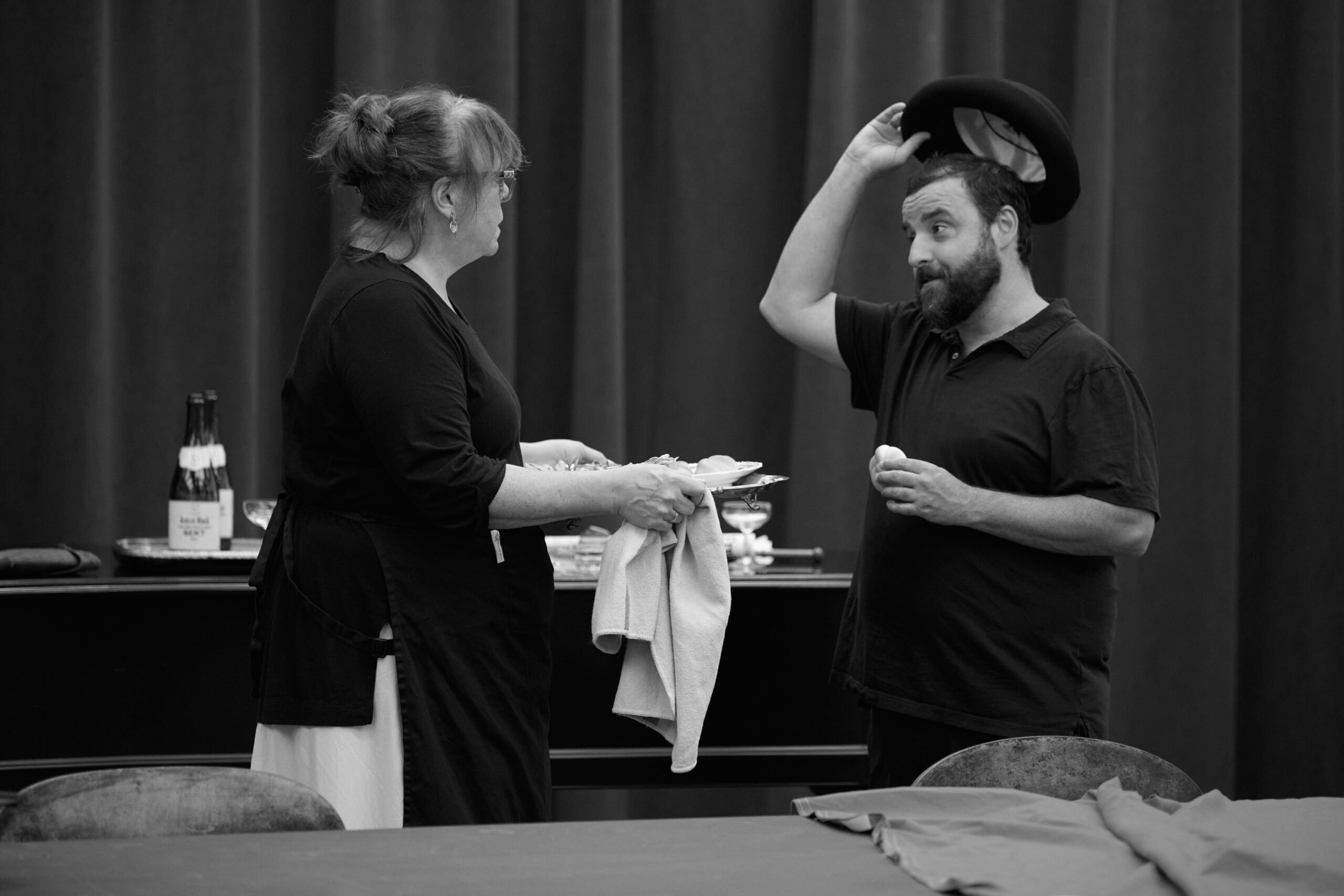 Gina Ferrall and David Krumholtz in rehearsals for Leopoldstadt. Photo by Jenny Anderson.
