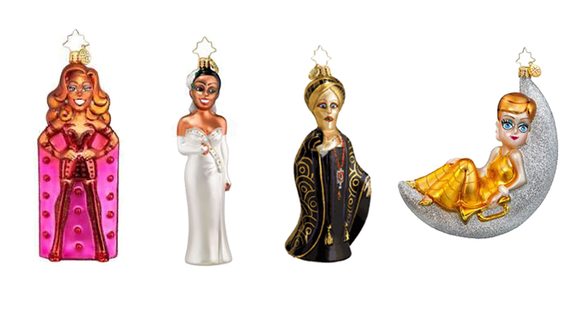 Broadway Legends Ornaments of Billy Porter, Audra McDonald, Glenn Close, and Angela Lansbury.