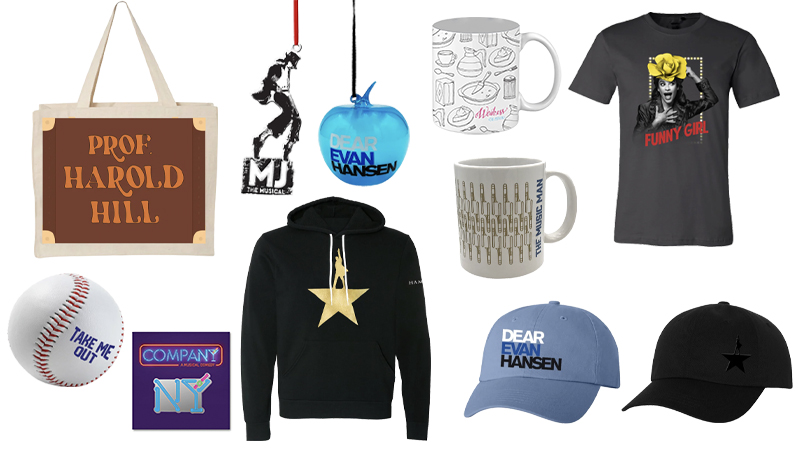 Broadway merch including The Music Man, MJ, Dear Evan Hansen, Waitress, Funny Girl, Take Me Out, Company, and Hamilton.
