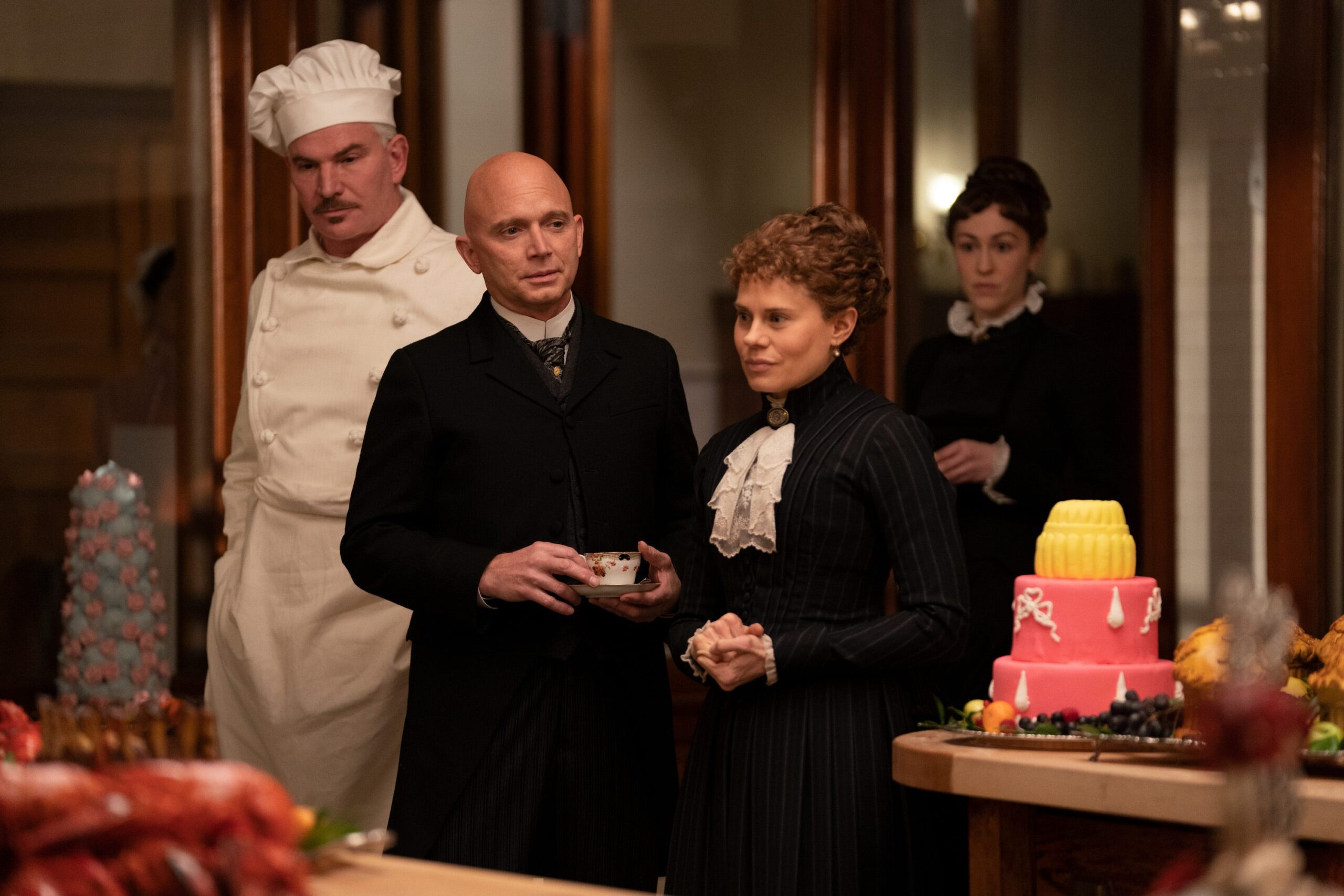Douglas Sills, Michael Cerveris, Celia Keenan-Bolger, and Kelley Curran in HBO's The Gilded Age. Photo by Alison Cohen Rosa/HBO.