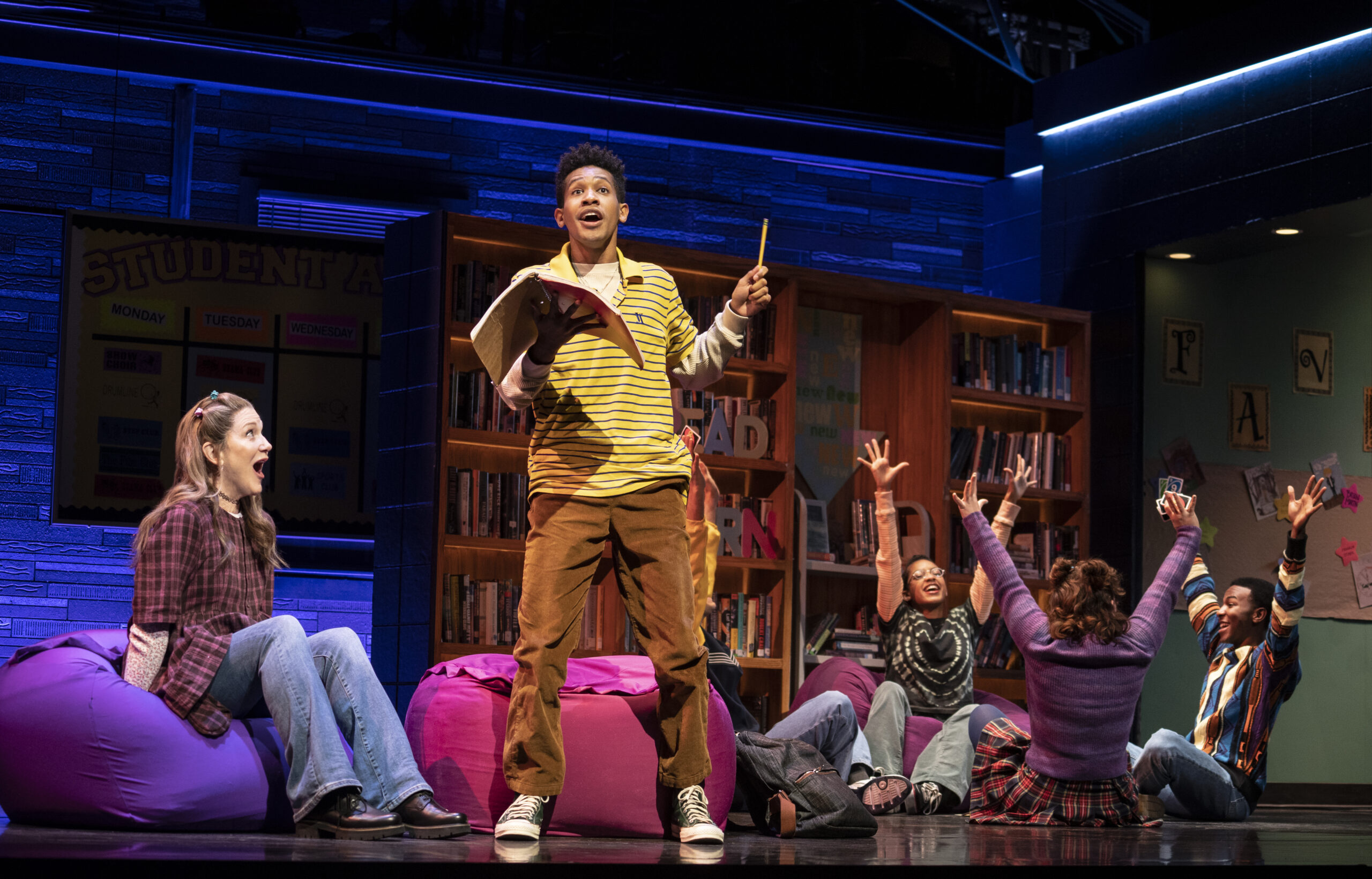 Victoria Clark, Justin Cooley, Michael Iskander, Olivia Hardy, Nina White, and Fernell Hogan in Kimberly Akimbo. Photo by Joan Marcus.