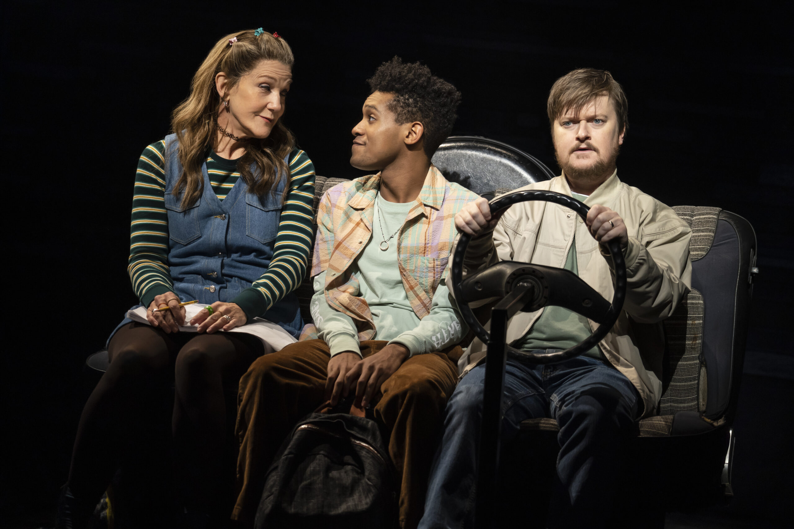 Victoria Clark, Justin Cooley, and Steven Boyer in Kimberly Akimbo. Photo by Joan Marcus.