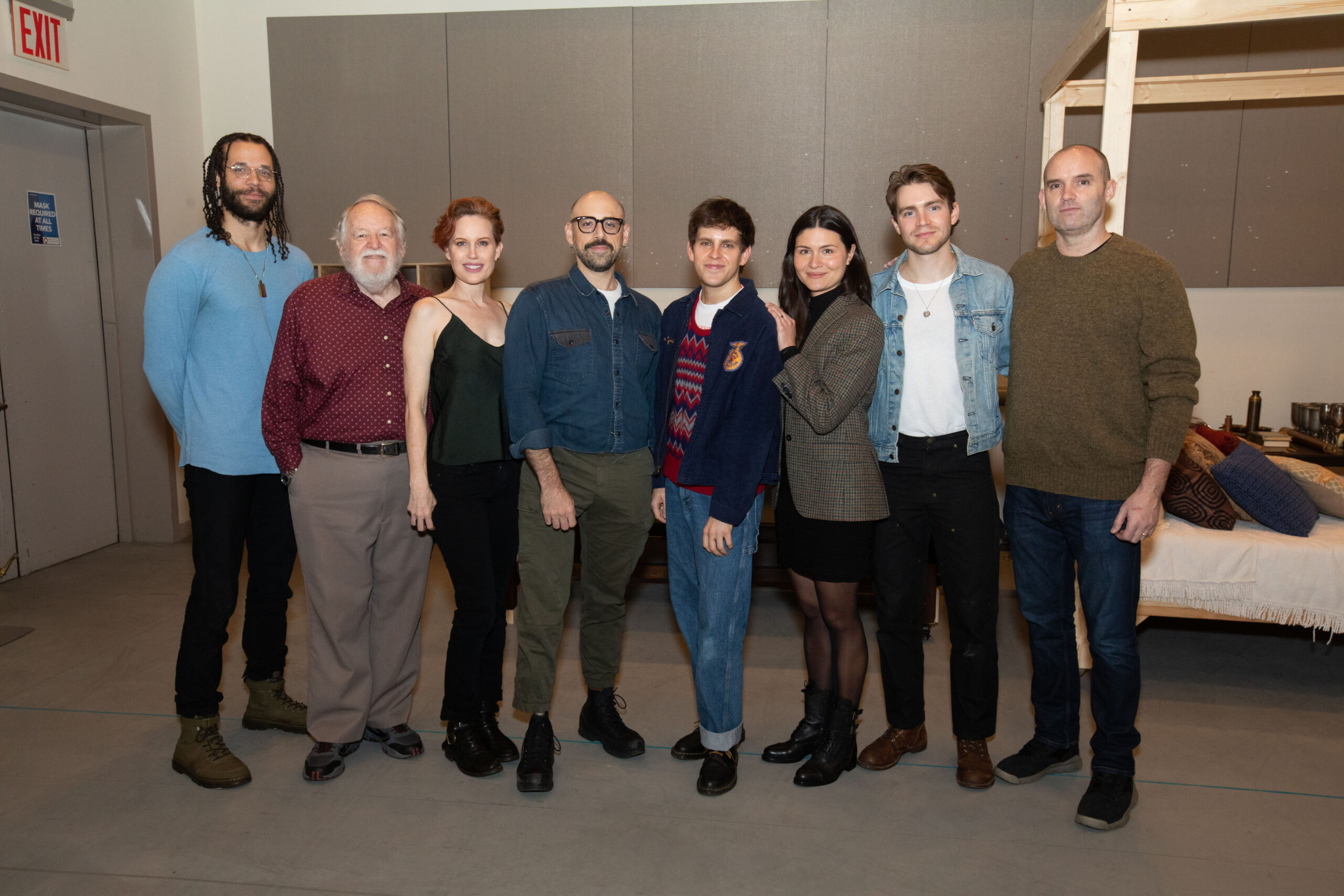 Jordan Donica, Dakin Matthews, Marilee Talkington Anthony Michael Lopez, Taylor Trensch, Phillipa Soo, Andrew Burnap, and Danny Wolohan at the first rehearsal of Camelot. Photo by Daniel Weiss.