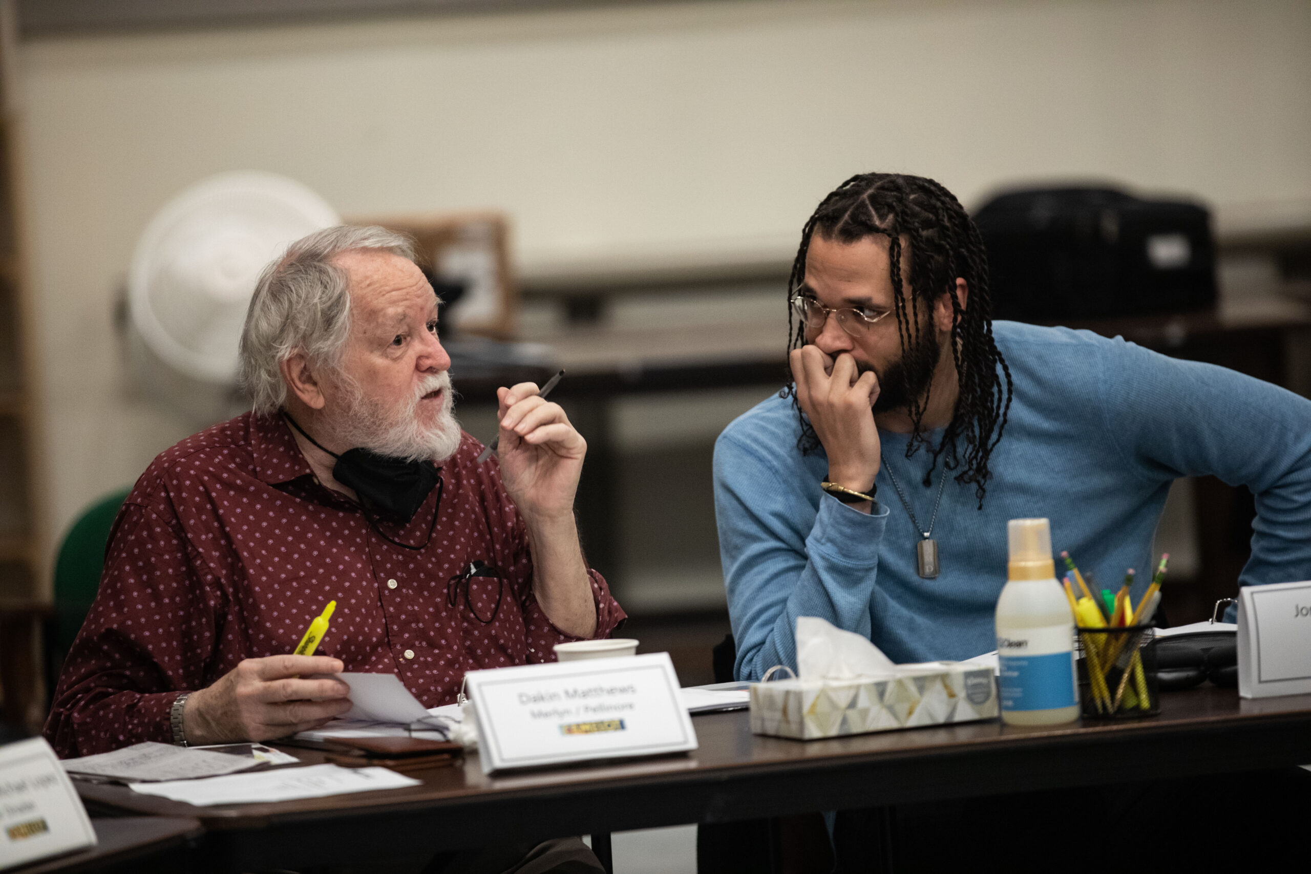 Dakin Matthews and Jordan Donica at the first rehearsal of Camelot. Photo by Daniel Weiss.