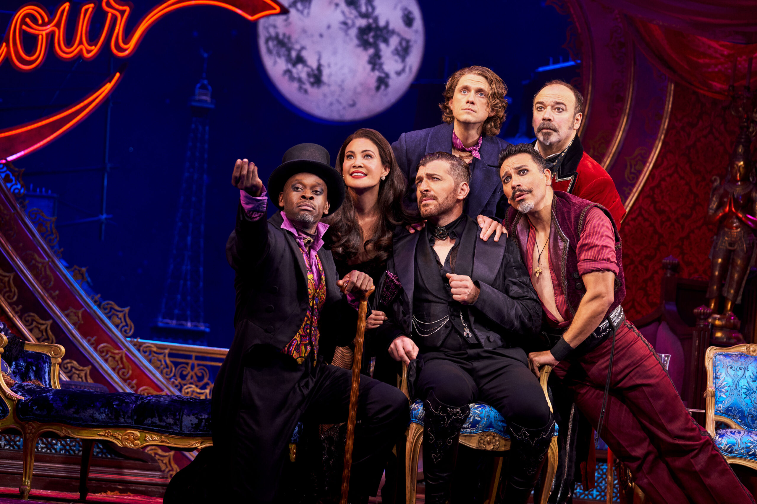 Sahr Ngaujah, Natalie Mendoza, Tam Mutu, Ricky Rojas, Aaron Tveit and Danny Burstein in Moulin Rouge! The Musical. Photo by Matthew Murphy.