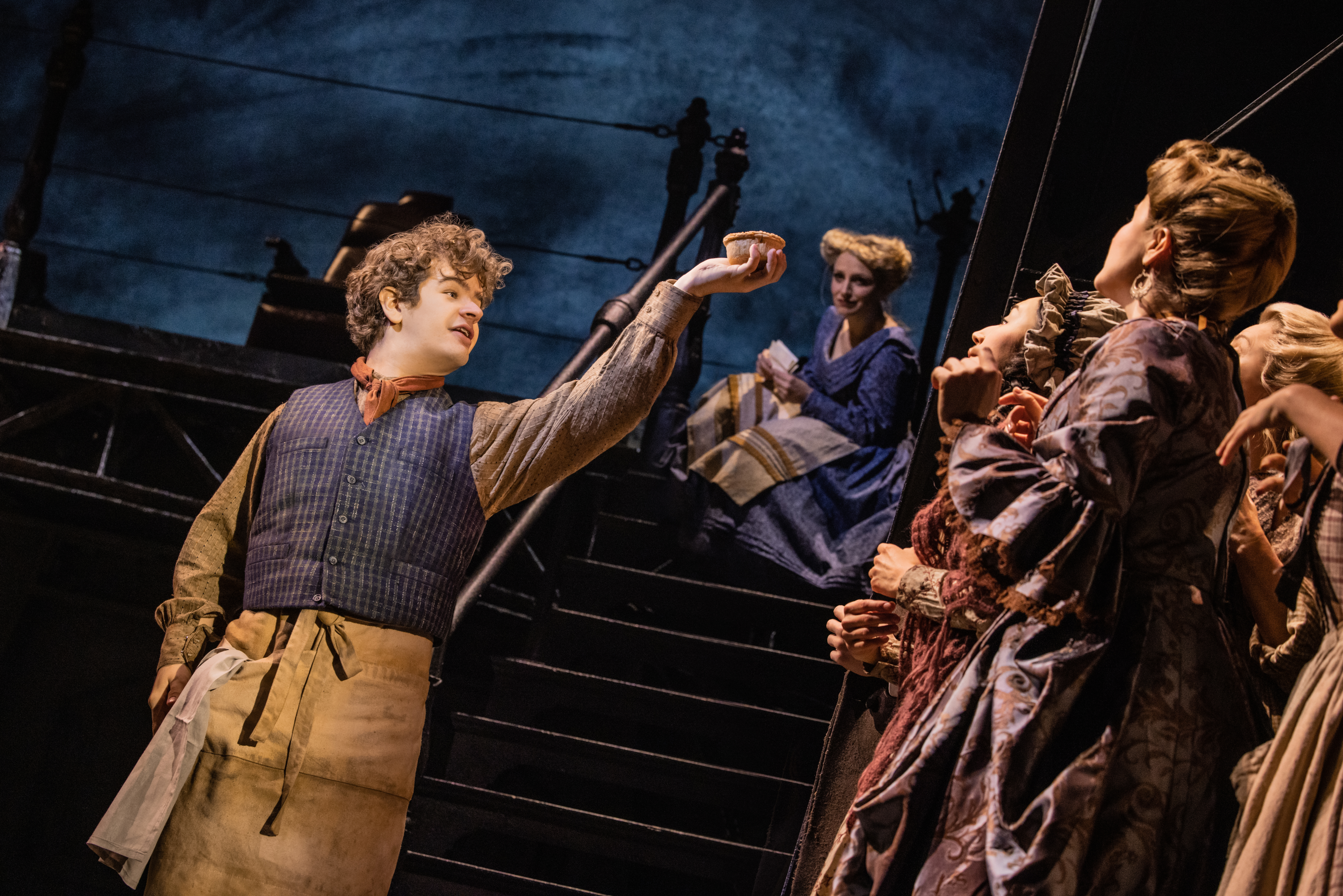 Gaten Matarazzo, Annaleigh Ashford, Alicia Kaori, DeLaney Westfall and Kristie Dale Sanders in Sweeney Todd. Photo by Matthew Murphy and Evan Zimmerman.