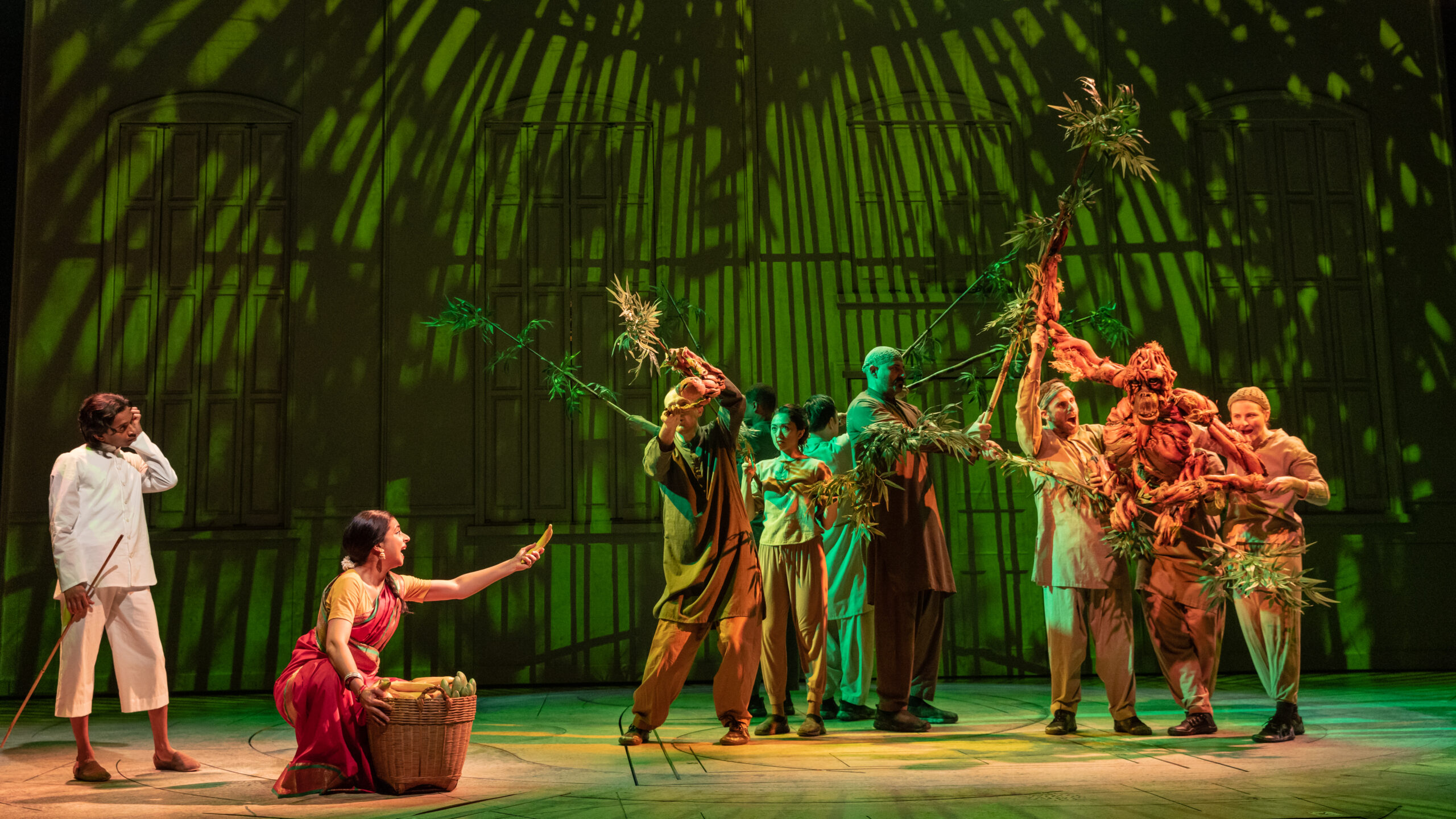 Hiran Abeysekera, Mahira Kakkar, and the cast of Life of Pi. Photo by Matthew Murphy and Evan Zimmerman.