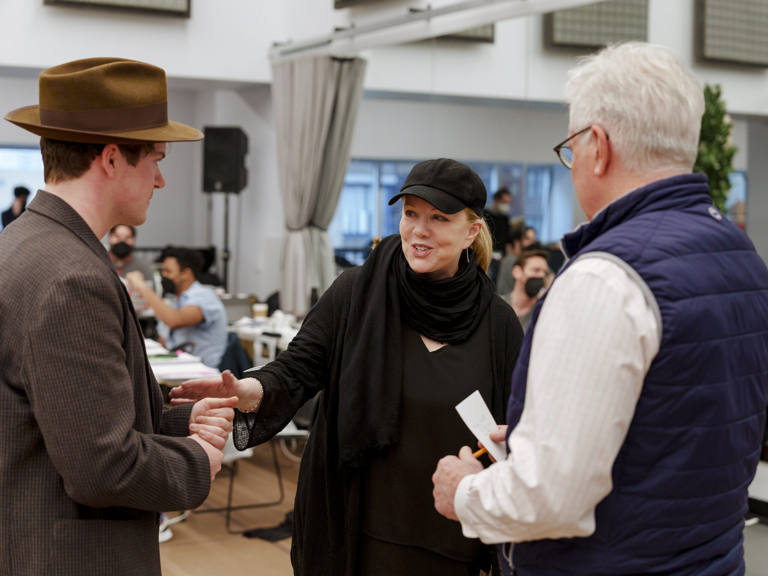 Colton Ryan, Susan Stroman, and David Thompson in rehearsals for New York, New York. Photo by Paul Kolnik.