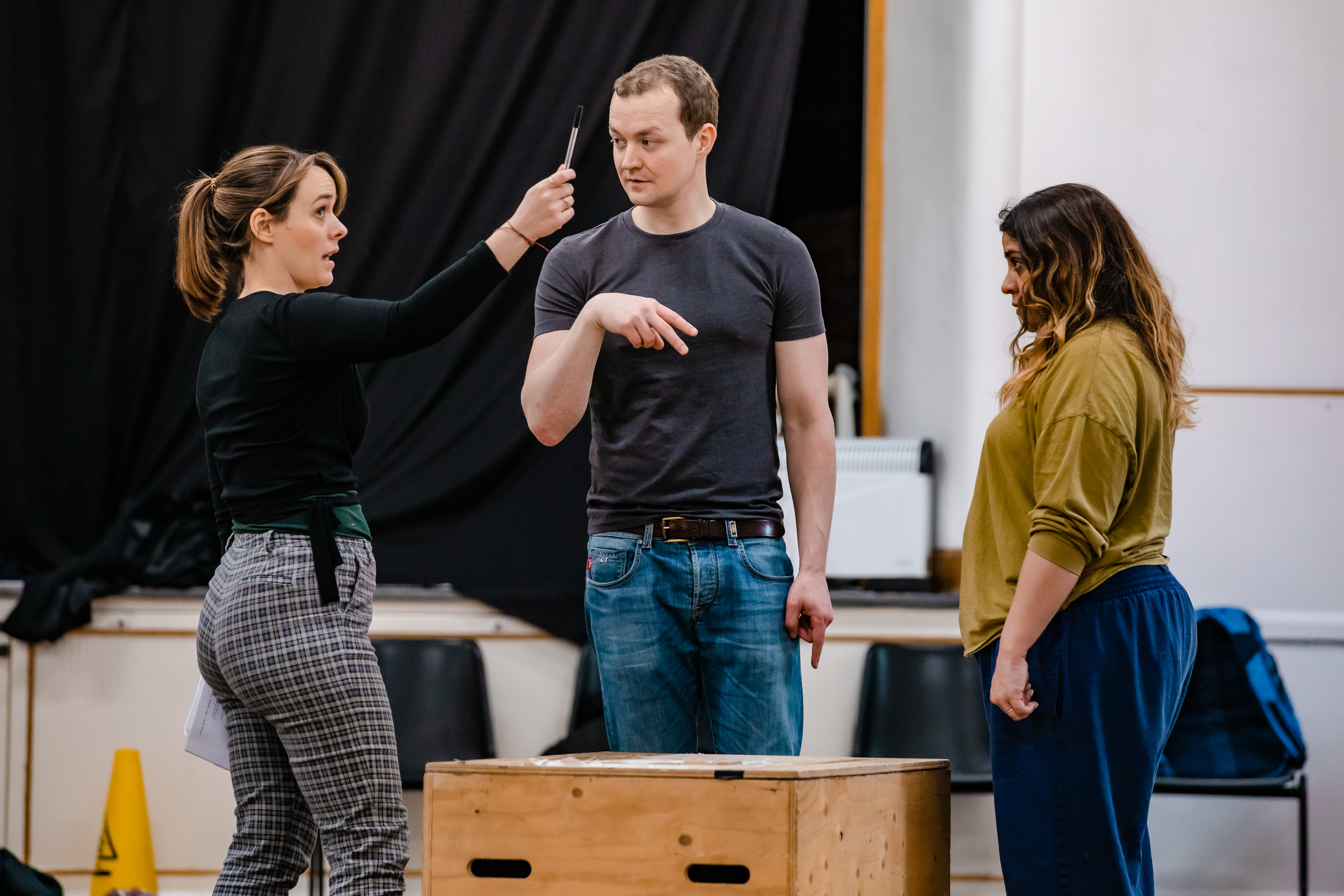 Charlie Russell, Greg Tannahill, and Nancy Zamit in rehearsals for Peter Pan Goes Wrong.