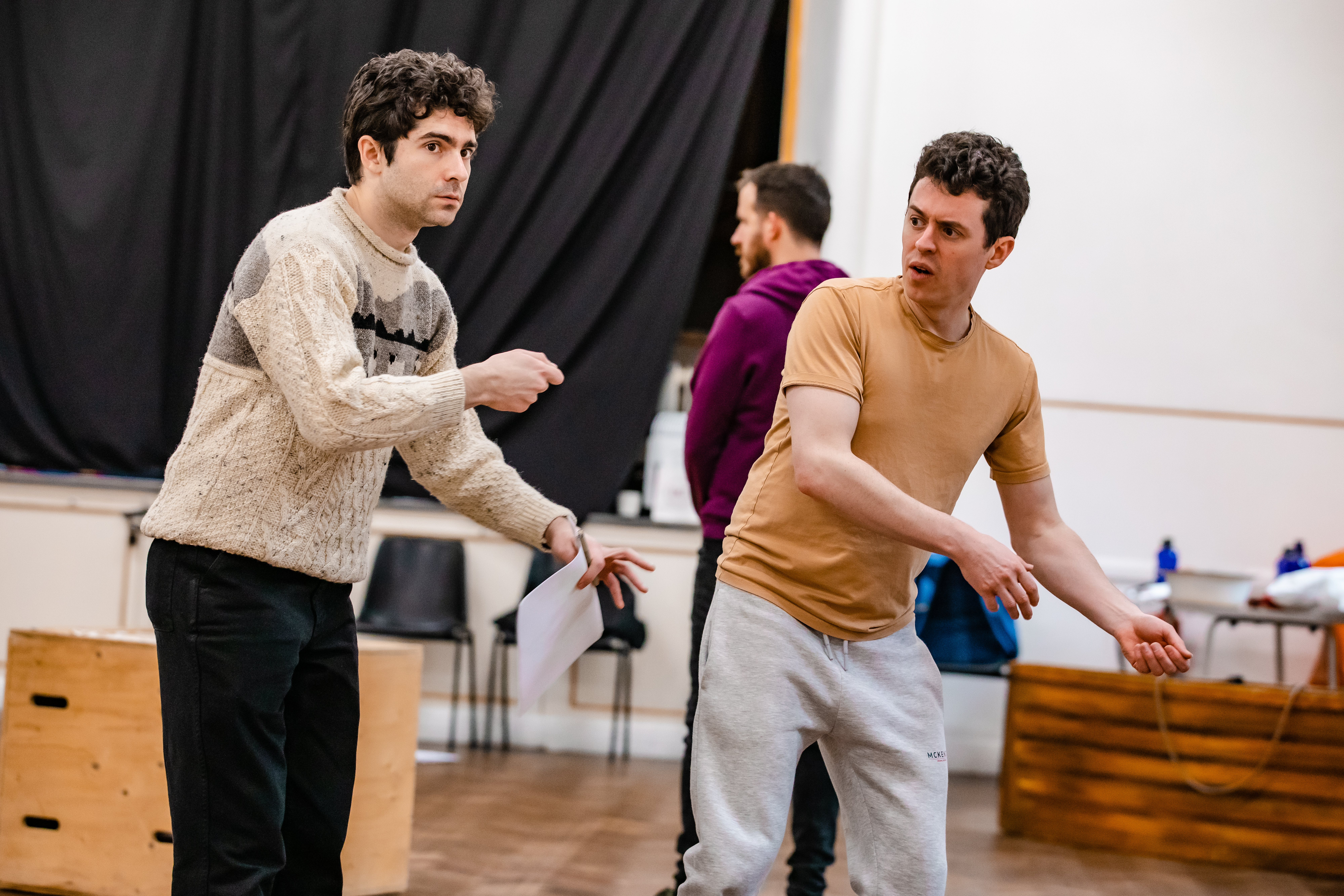 Bartley Booz and Jonathan Sayer in rehearsals for Peter Pan Goes Wrong. Photo by Danny Kaan.