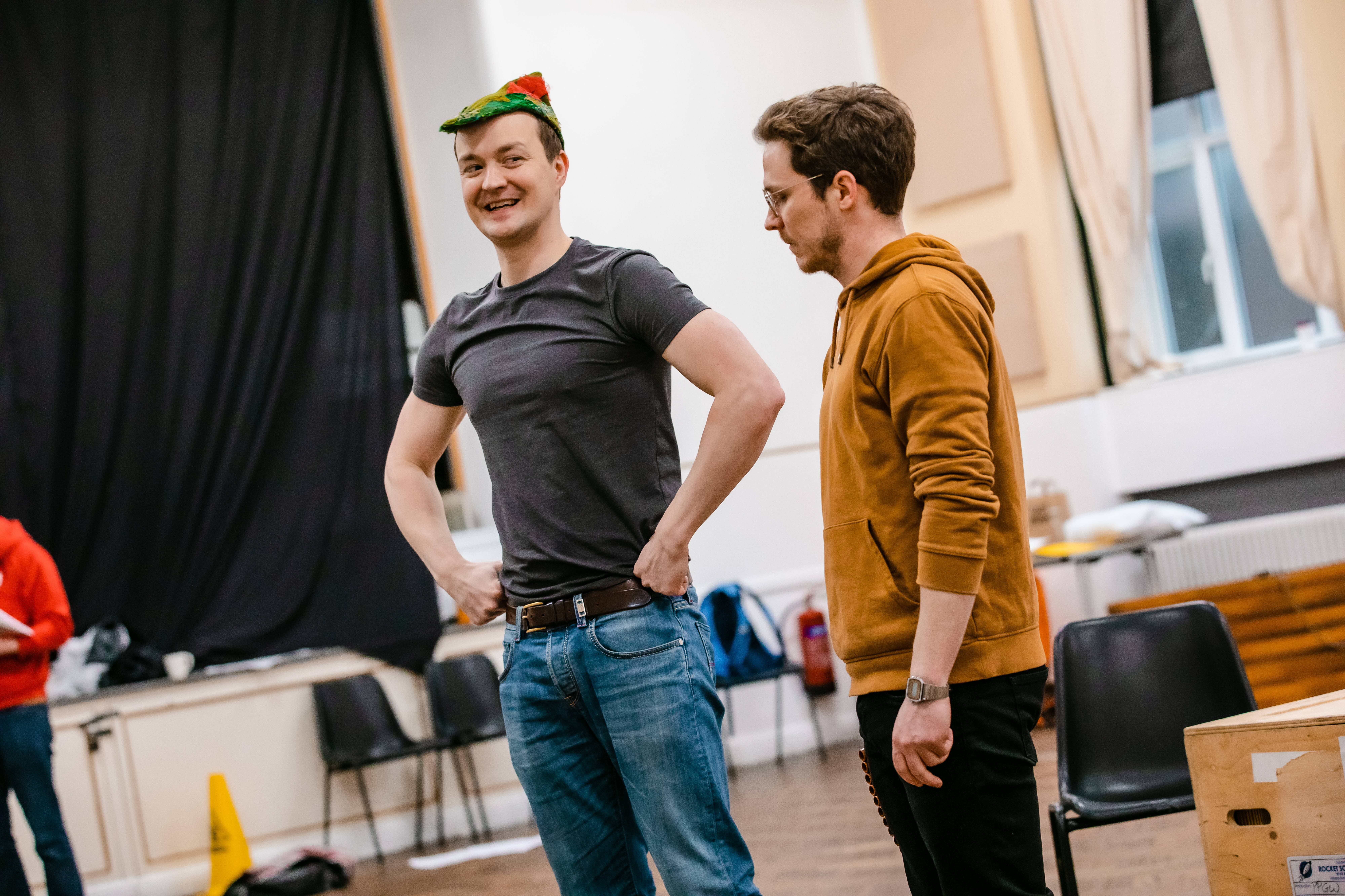 Greg Tannahill and Matthew Cavendish in rehearsals for Peter Pan Goes Wrong. Photo by Danny Kaan.