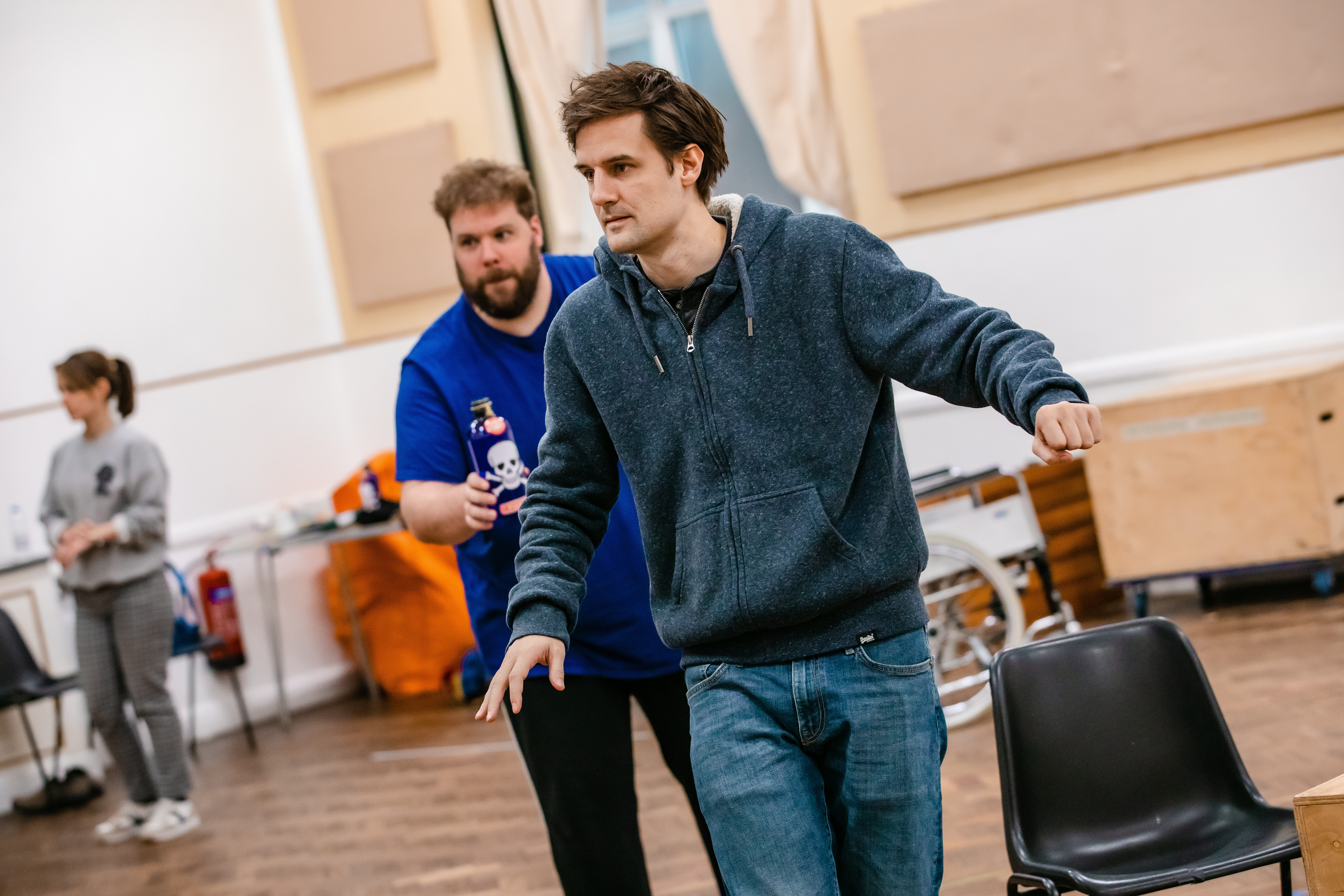Henry Lewis and Henry Shields in rehearsals for Peter Pan Goes Wrong. Photo by Danny Kaan.