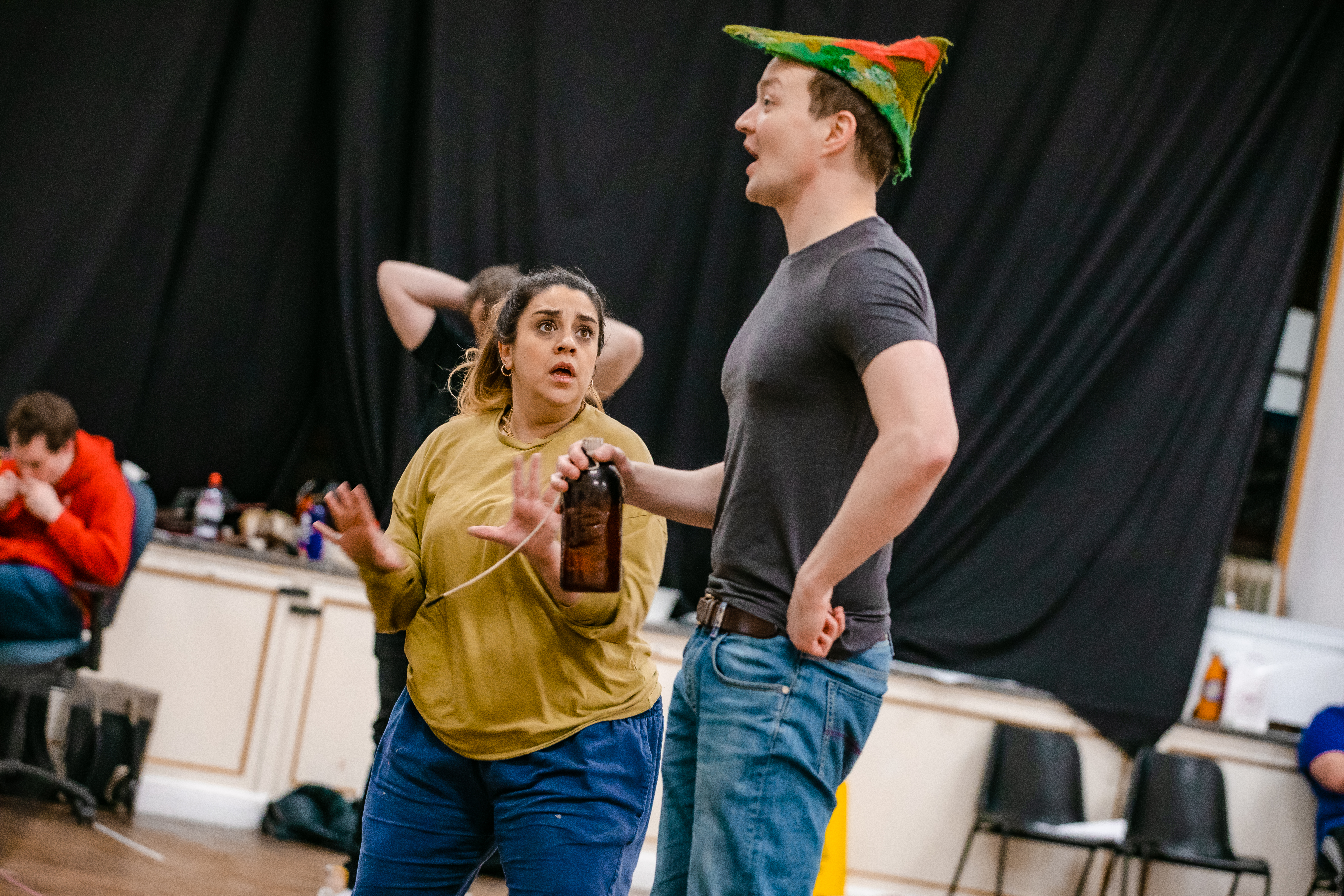 Nancy Zamit and Greg Tannahill in rehearsals for Peter Pan Goes Wrong. Photo by Danny Kaan.