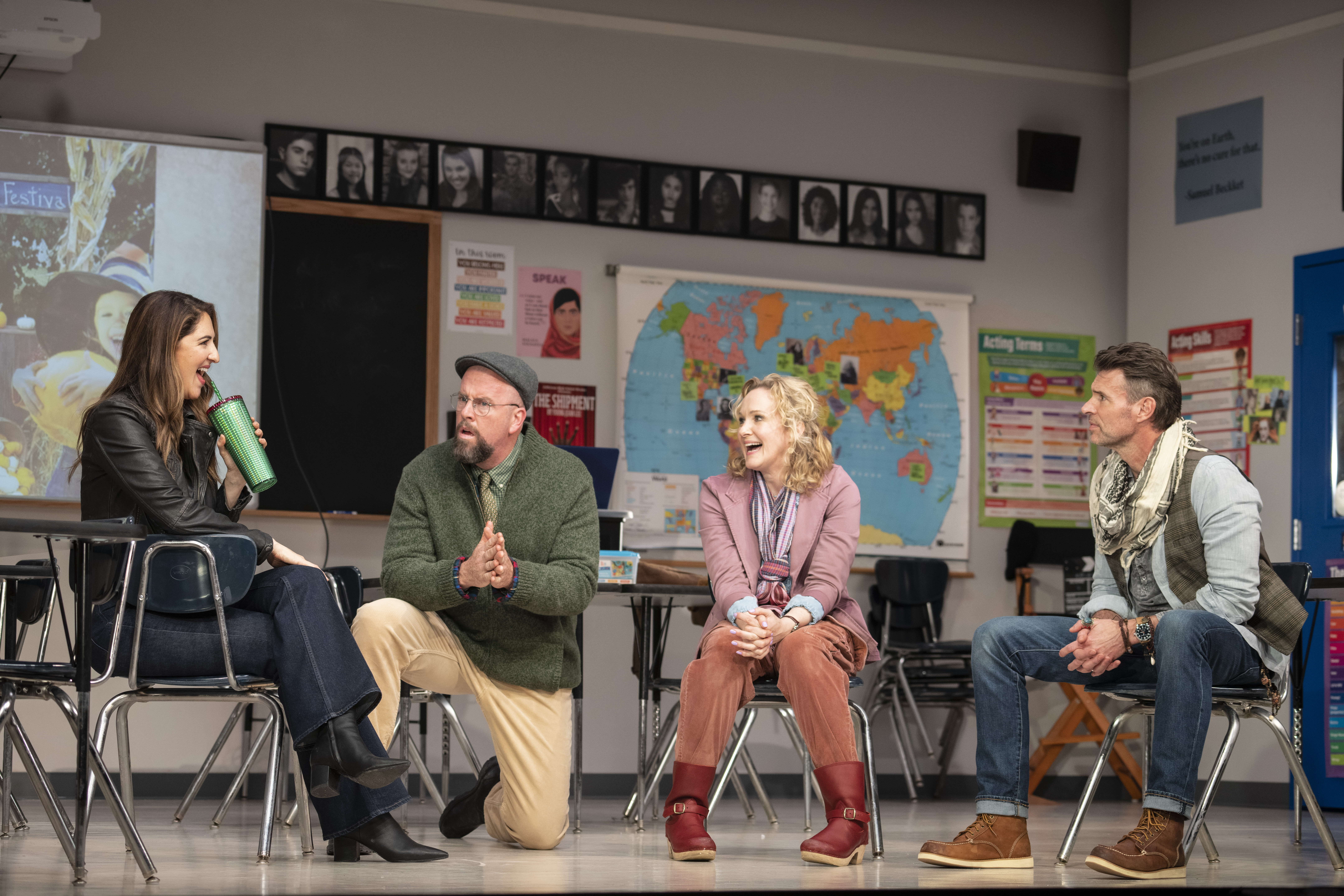 D'Arcy Carden, Chris Sullivan, Katie Finneran, and Scott Foley in The Thanksgiving Play. Photo by Joan Marcus.
