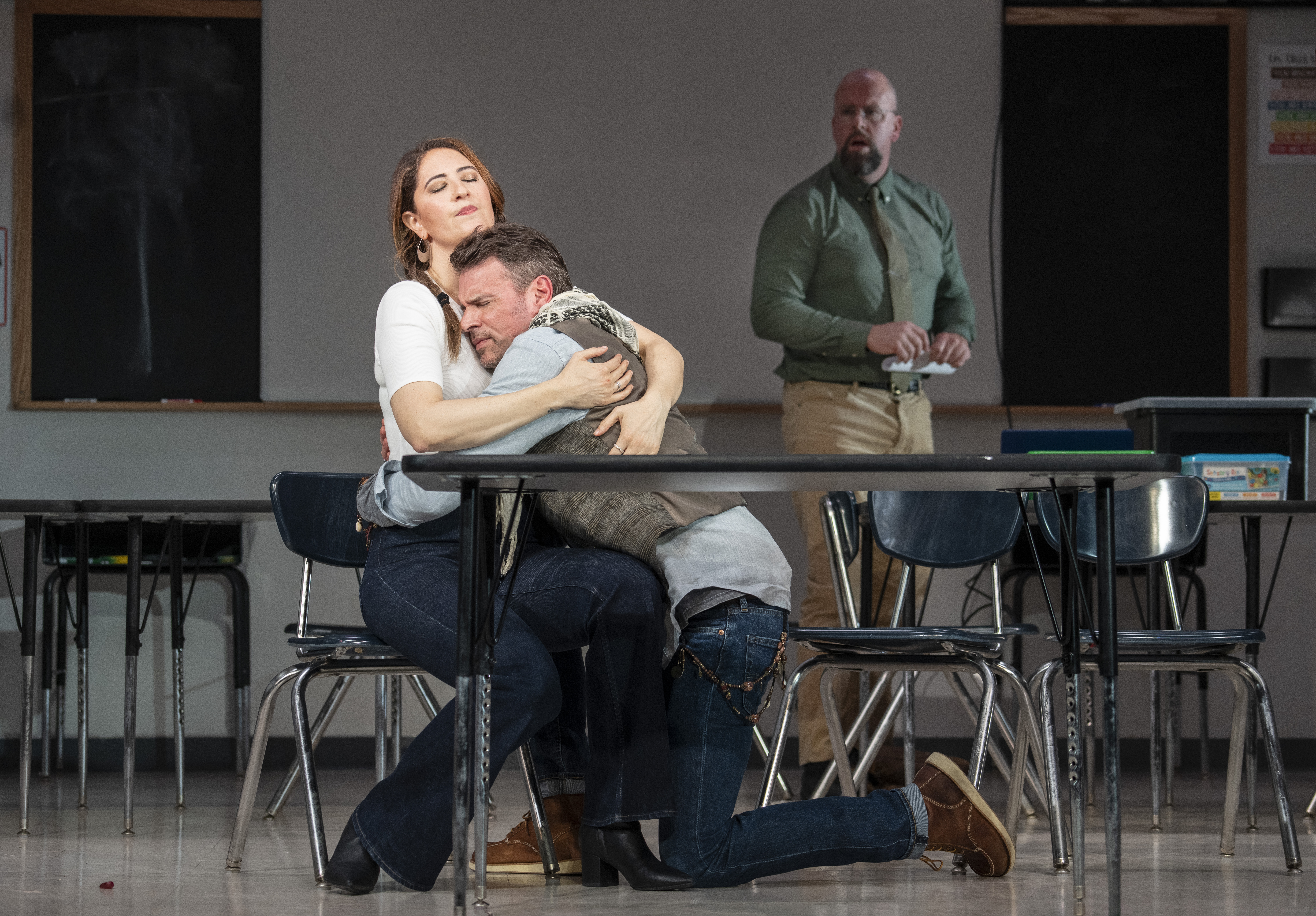 D'Arcy Carden, Scott Foley, and Chris Sullivan in The Thanksgiving Play. Photo by Joan Marcus.