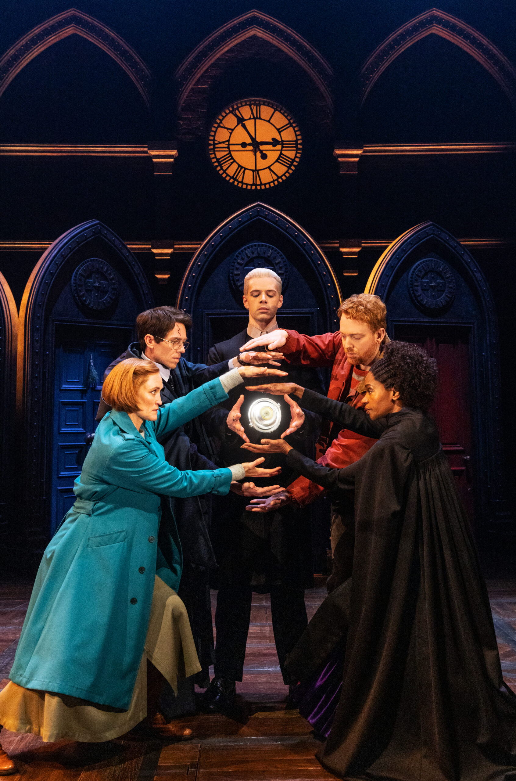 Angela Reed, Steve Haggard, Aaron Bartz, David Abeles, and Jenny Jules in Harry Potter and the Cursed Child. Photo by Matthew Murphy.