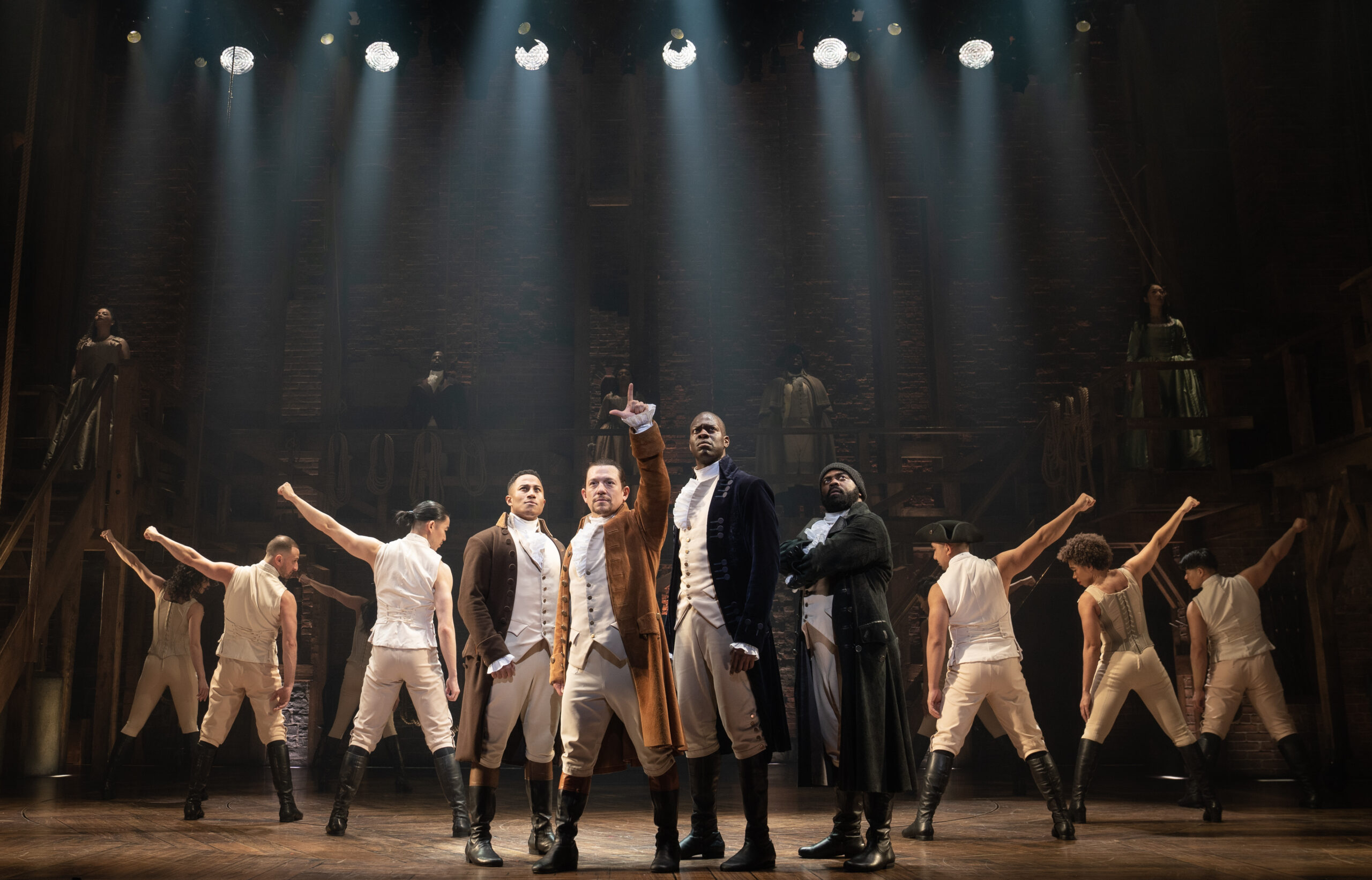 Daniel Yearwood, Miguel Cervantes, Kyle Scatliffe and Ebrin R. Stanley in Hamilton. Photo by Joan Marcus.