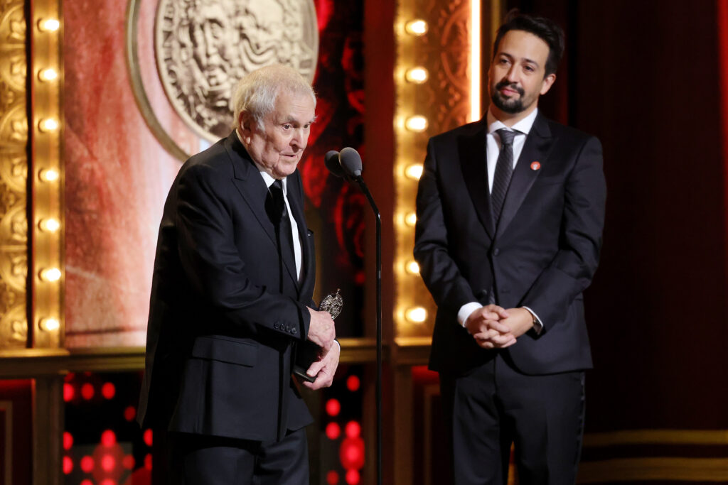 John Kander and Lin-Manuel Miranda at the 76th Annual Tony Awards. Photo by Kevin Mazur/Getty Images for Tony Awards Productions.