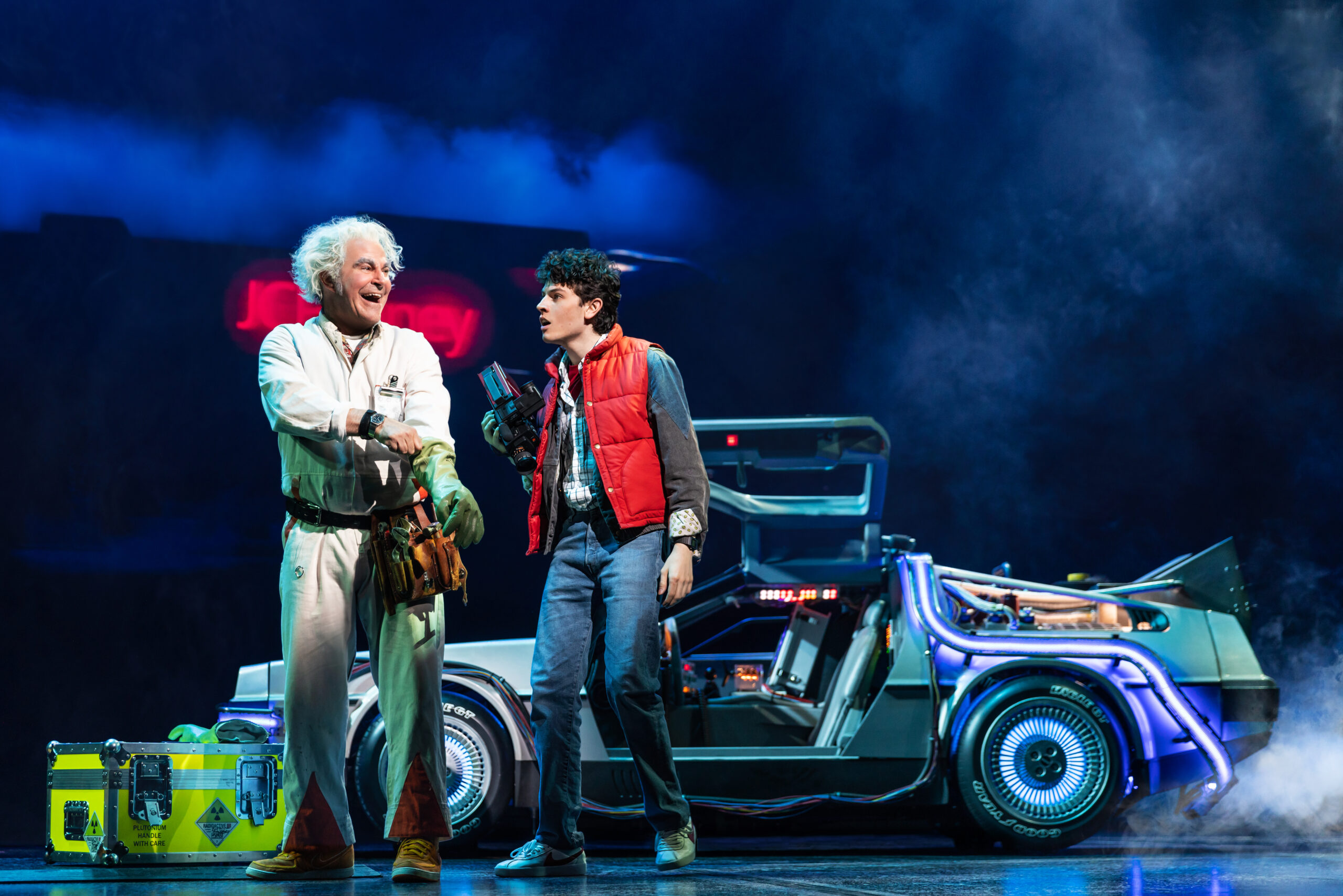 Casey Likes and Roger Bart in Back to the Future: The Musical. Photo by Matthew Murphy and Evan Zimmerman.