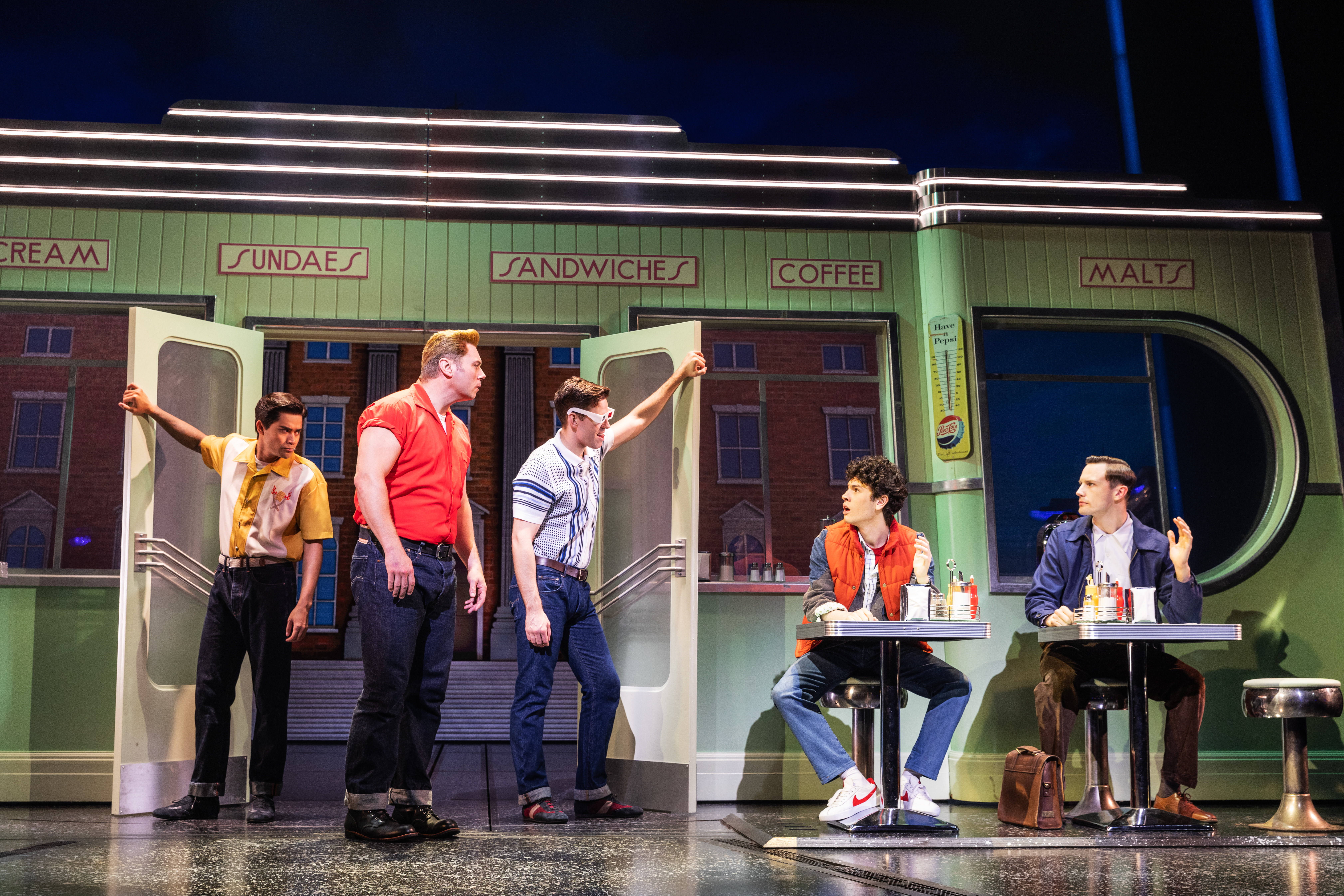 Daryl Tofa, Nathaniel Hackmann, Will Branner, Casey Likes, & Hugh Coles in Back to the Future: The Musical. Photo by Matthew Murphy and Evan Zimmerman.