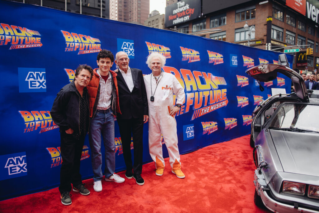 Michael J. Fox, Casey Likes, Christopher Lloyd, and Roger Bart. Photo by Andy Henderson.