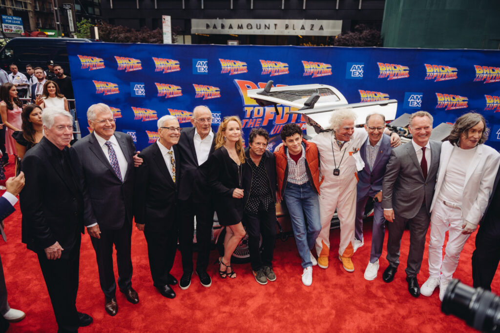 Robert Zemeckis, Bob Gale, Christopher Lloyd, Lea Thompson, Michael J. Fox, Casey Likes, Roger Bart, John Rando, Colin Ingram, and Glen Ballard. Photo by Andy Henderson.
