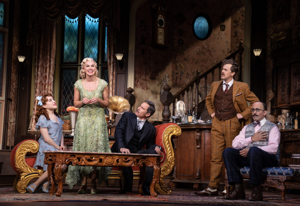 Dana Steingold, Laura Bell Bundy, Eric McCormack, Alex Moffat, and Nehal Joshi in The Cottage. Photo by Joan Marcus.