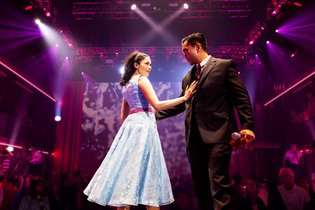 Arielle Jacobs and Jose Llana in Here Lies Love. Photo by Billy Bustamante, Matthew Murphy, and Evan Zimmerman.