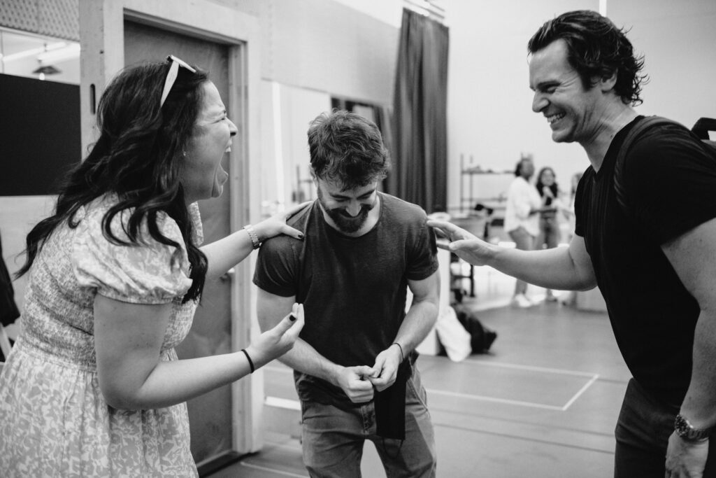 Lindsay Mendez, Daniel Radcliffe, and Jonathan Groff in rehearsals for Merrily We Roll Along. Photo by Andy Henderson.