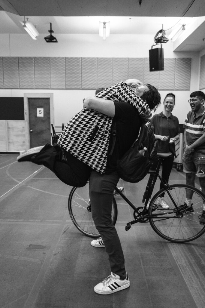 Maria Friedman and Jonathan Groff in rehearsals for Merrily We Roll Along. Photo by Andy Henderson.