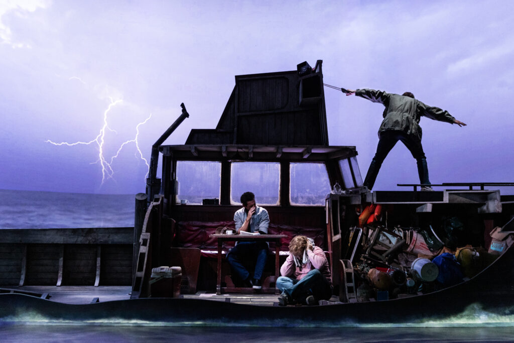 Colin Donnell, Alex Brightman, and Ian Shaw in <em>The Shark is Broken</em>. Photo by Matthew Murphy.
