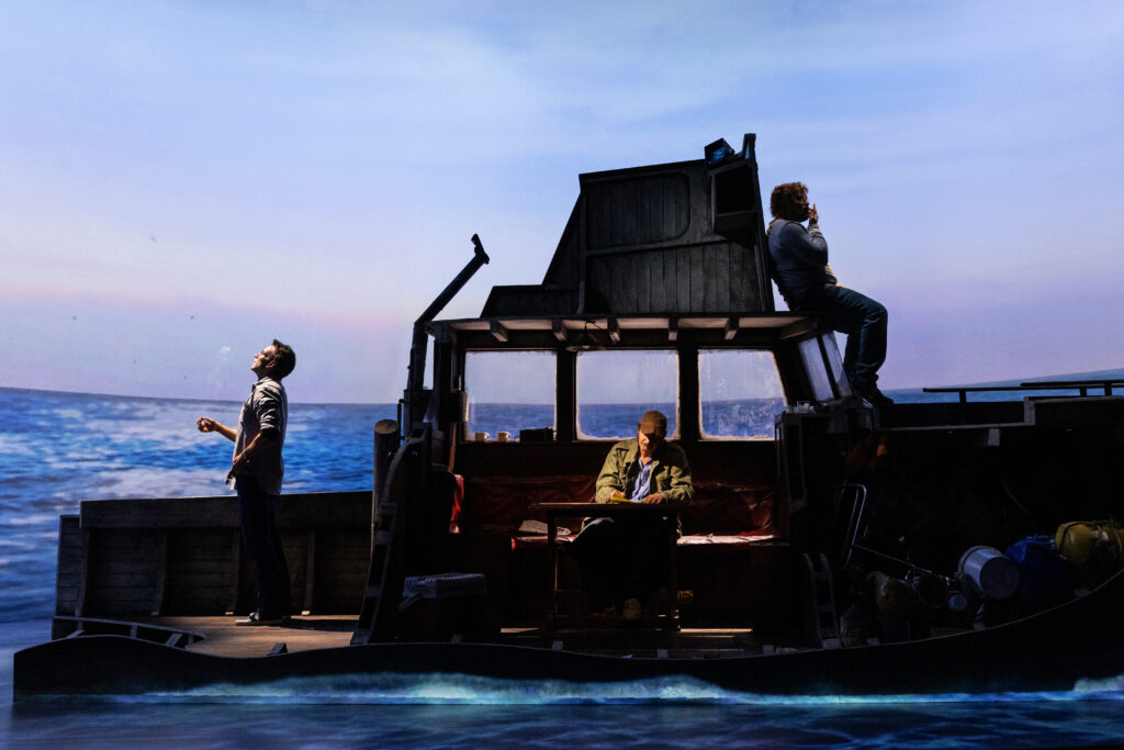 Colin Donnell, Ian Shaw, and Alex Brightman in The Shark is Broken. Photo by Matthew Murphy.