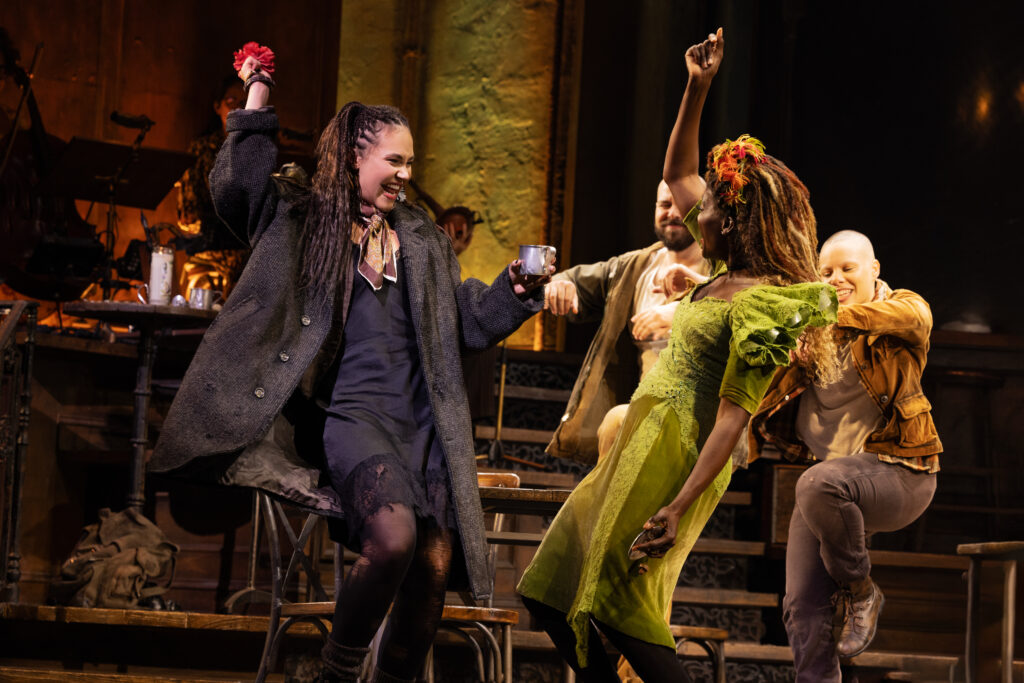 Solea Pfeiffer and Jewelle Blackman in Hadestown. Photo by Evan Zimmerman for MuprhyMade.