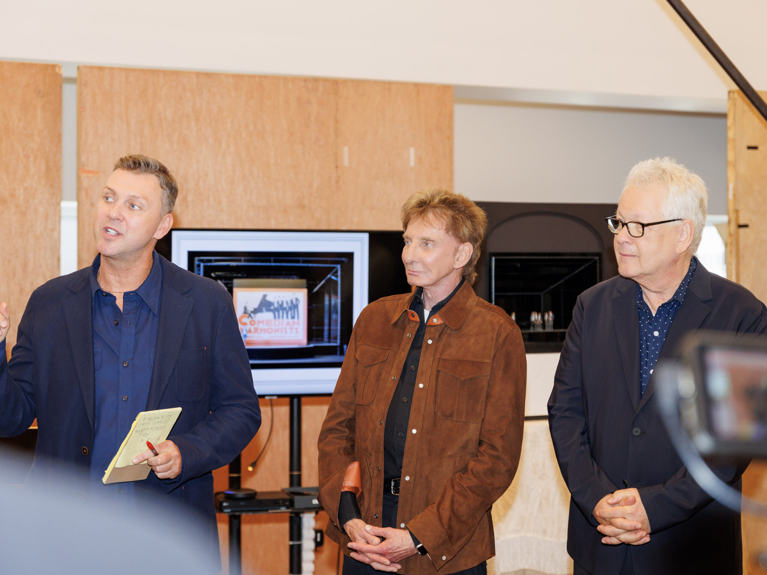 Warren Carlyle, Barry Manilow, and Bruce Sussman in rehearsals for Harmony. Photo by Paul Aphisit.