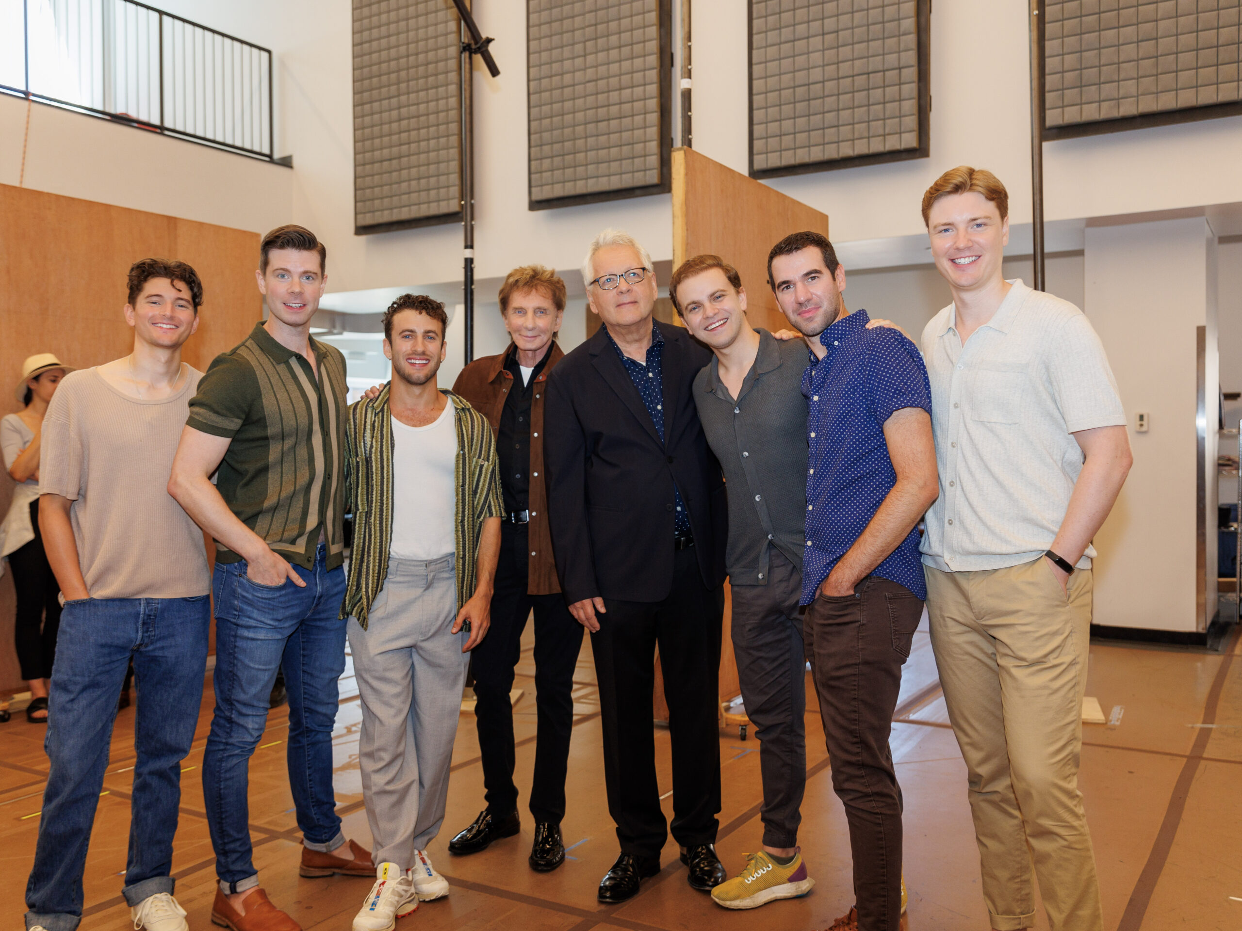 Blake Roman, Sean Bell, Danny Kornfeld, Barry Manilow, Bruce Sussman, Steven Telsey, Zal Owen, and Eric Peters in rehearsals for Harmony. Photo by Paul Aphisit.